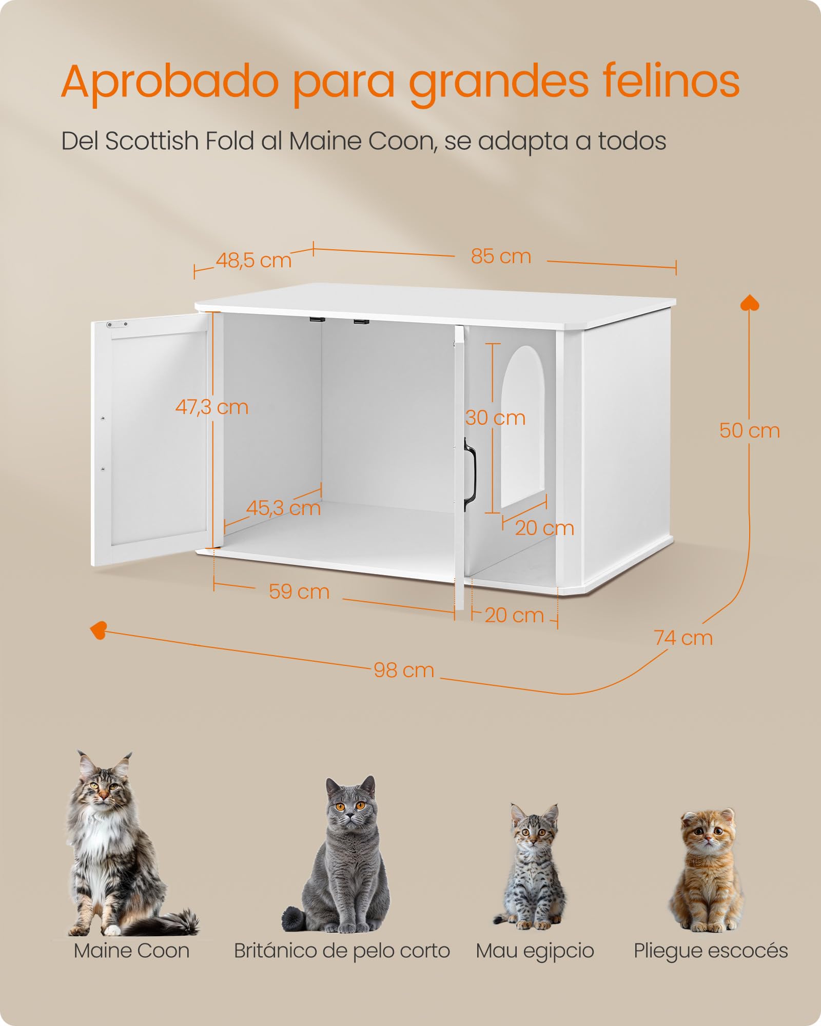 Feandrea Mueble Arenero, Moderno Arenero Oculto, con Entrada Frontal, Puertas Dobles, Asas, Casa para Gatos, Mesa Auxiliar, 85 x 48.5 x 50 cm, Blanco Nube PCL012W01