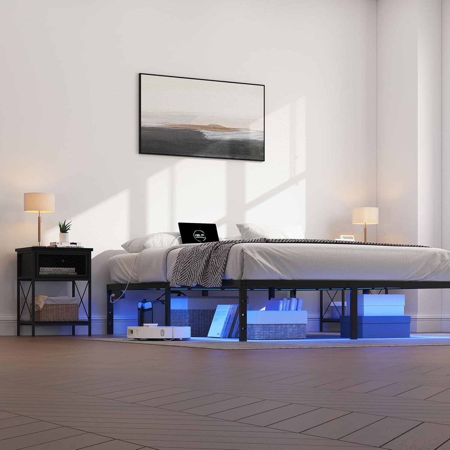 King Bed Frames with Charging Station and LED Lights, King Size Platform Bed with Metal Slats, No Box Spring Needed