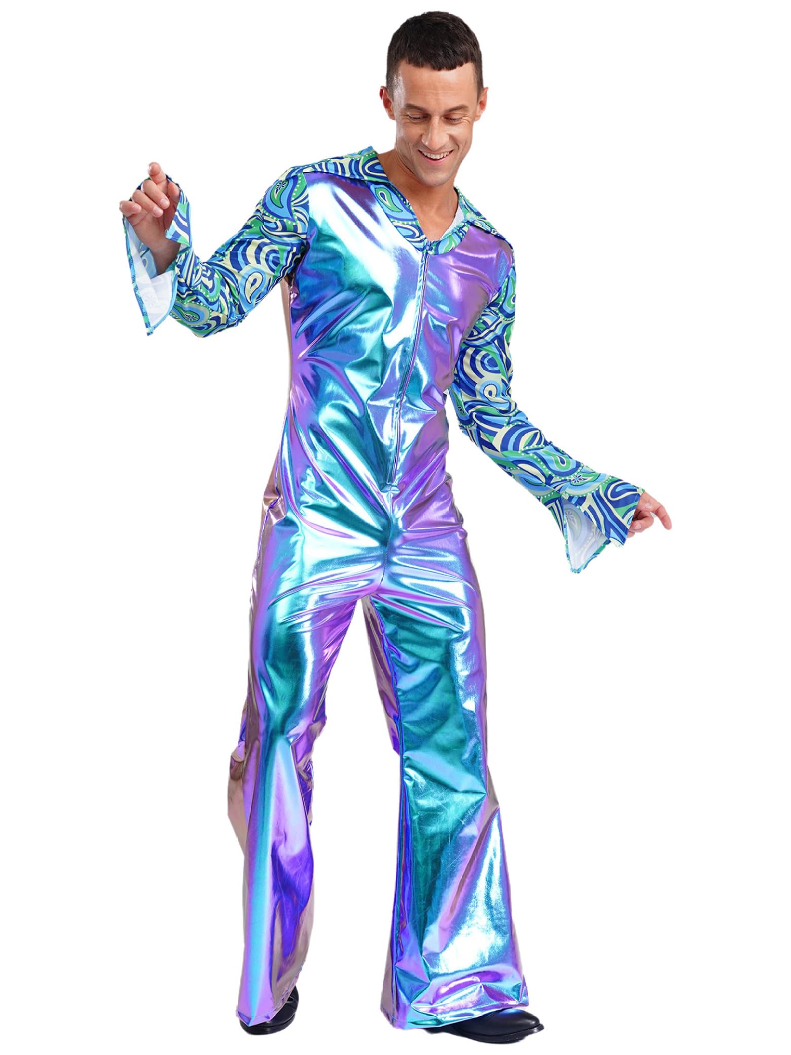 Herren Metallic Jumpsuit Glitzer 70er 80er Jahre Hippie Disco Outfit Overall Mit Schlag Festival Party Fasching Clubwear