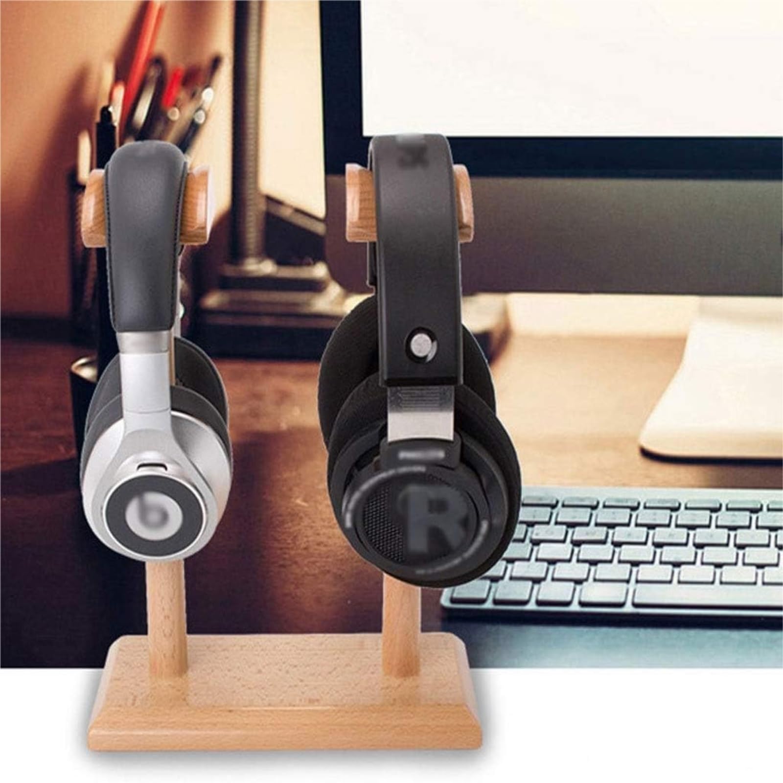 Soporte de Auriculares Colgador De Auriculares Doble Estante De Exhibición De Auriculares De Haya Soporte Creativo para Auriculares para Juegos De PC Soporte para Auriculares