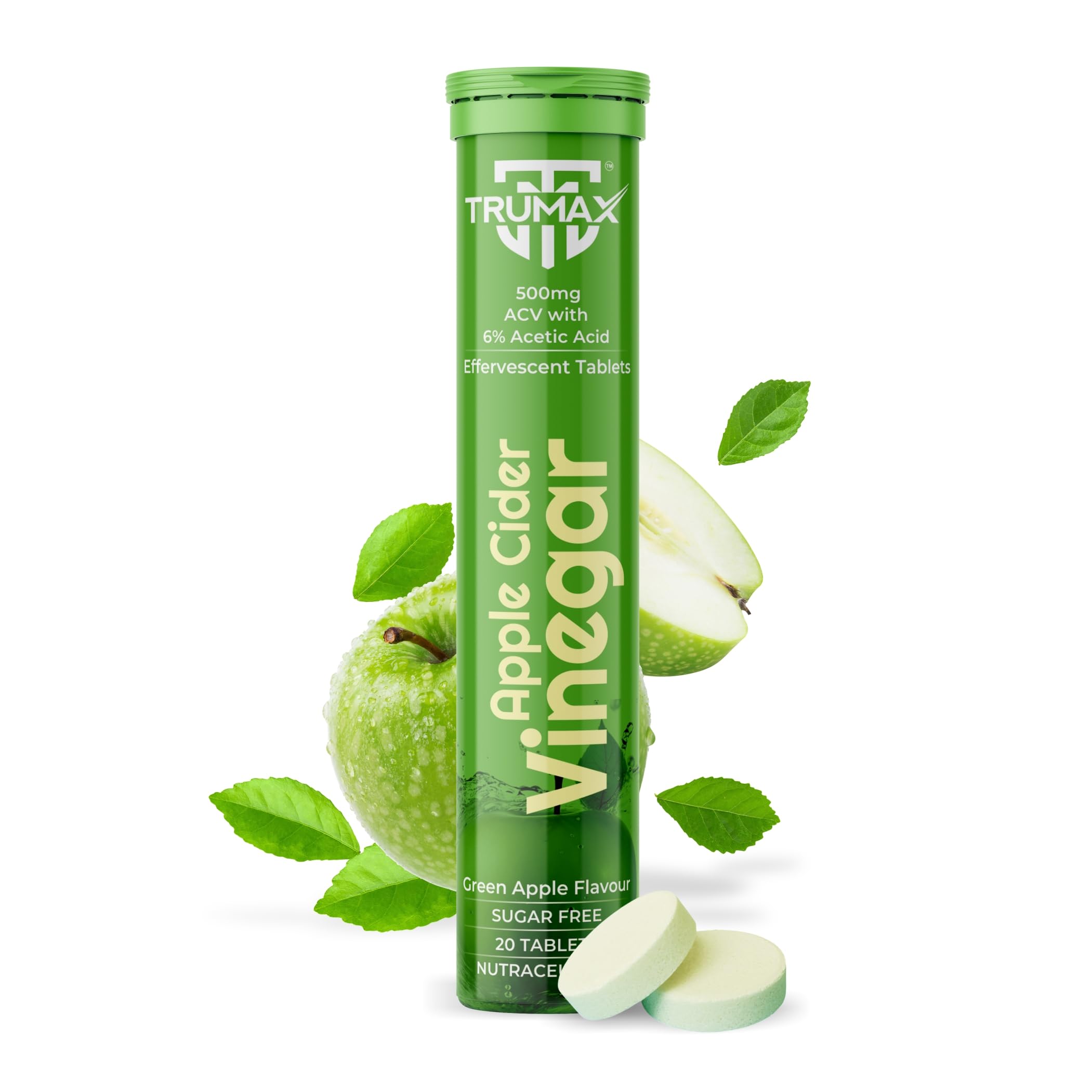 TRUMAX Apple Cider Vinegar Tablets (ACV) for Weight Loss 500mg, Green Apple Flavor with Vitamin B6, B12 & Pomegranate Extract | 20 Effervescent Sugar-Free Tablets | Support Digestion & Boost Metabolism