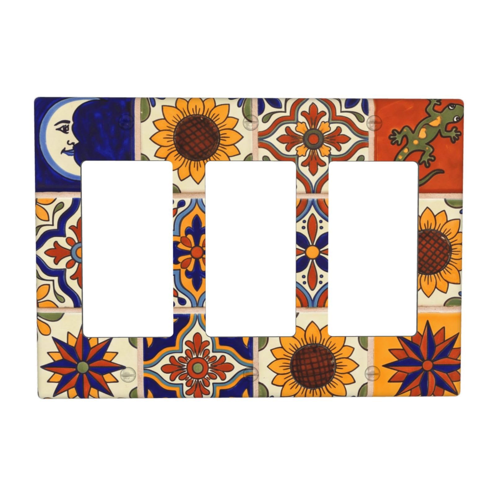 DWBGUO Decorative Outlet Covers Colorful Mexican Talavera Tile 3 Gang Light Switch Cover Plate Triple Rocker Wall Plates for Electrical Outlets Switch Plate Covers for Kitchen Bathroom Home Decor
