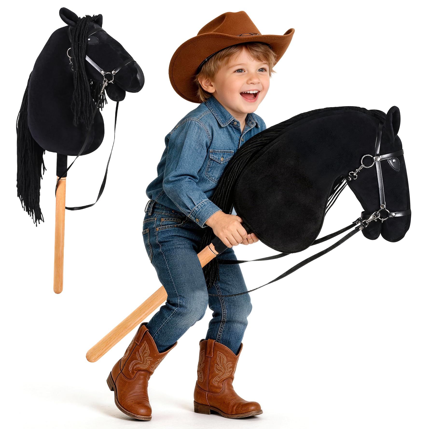 Arkyomi Plush Hobby Horse Stick Toy for Kids, 40cm Wooden Handle(Black)