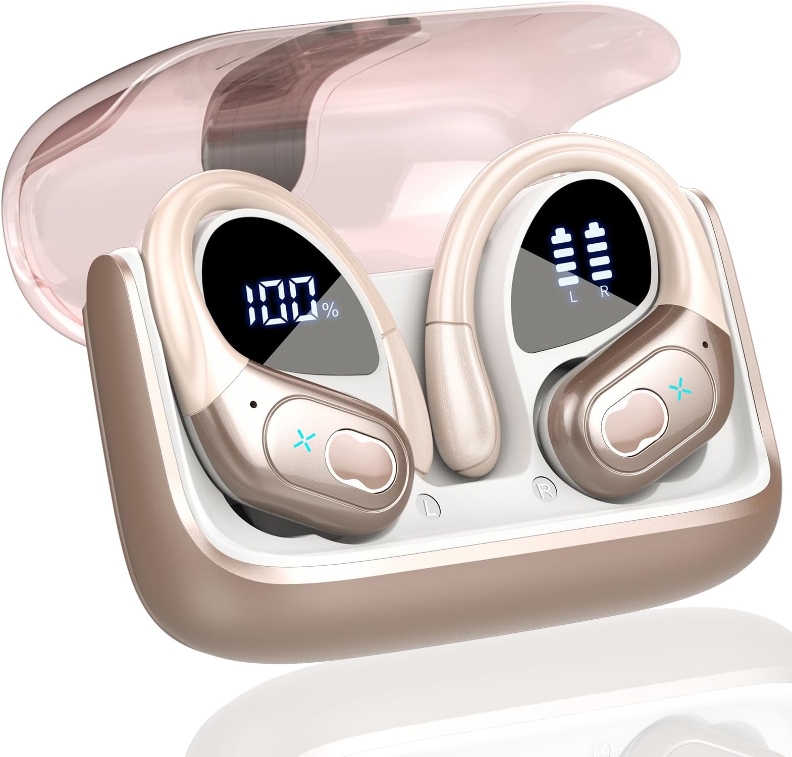 Wireless Earbuds, 75H Bluetooth 5.3 Headphones with ENC Noise Cancelling Mic, Deep Bass Wireless Earphones, LED Display, IP7 Waterproof, Sports Ear buds with Ear hooks for Sport/Gym/Rose Gold