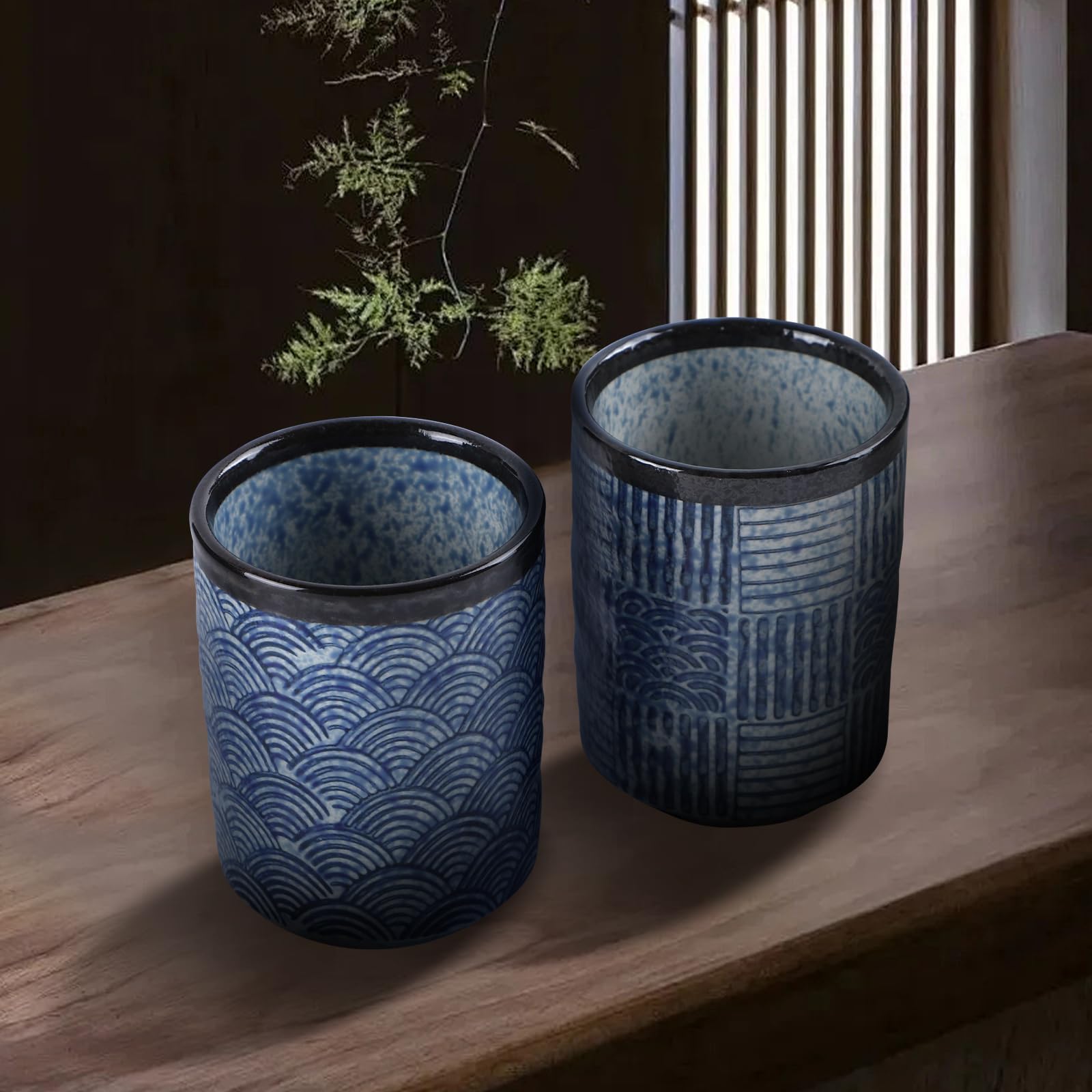 Japanisch Teetasse 2er Set, Chinesische Keramik Teetassen, Sake Tassen Vintage Teebecher Set Blau Traditionelle Wellenmuster, Porzellan Kaffeebecher Ohne Henkel, Modernem Design für Kaffee, 280ml