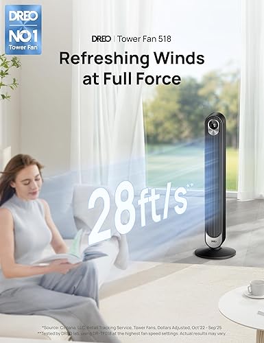 Vista 2 de Dreo Ventilador de torre de 42 pulgadas, ventilador oscilante silencioso sin aspas con control remoto, 6 velocidades, 4 modos, pantalla LED, Negro