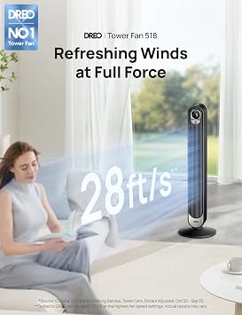 DREO Tower Fan for Bedroom, 28 ft/s, 20dB Quiet Fans that Blow Cold Air, 9 Speeds, 4 Modes, 12H Timer, Oscillating Cooling Standing Floor Fan Powerful for Indoor Home Office Room, LED Display, 42 inch