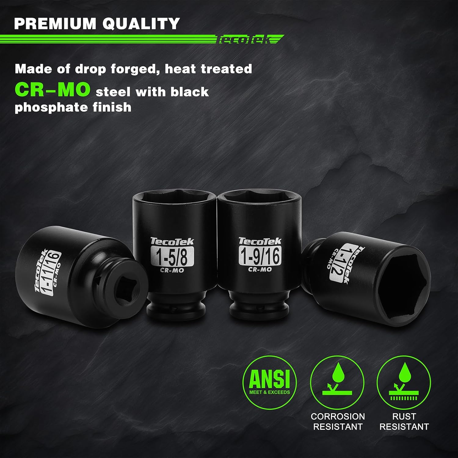 1/2" Drive Deep 6-Point Impact Socket Set, 11-Piece Standard SAE Spindle Axle Nut Impact Socket Set, Cr-Mo, 1-3/8-Inch to 2-Inch Size