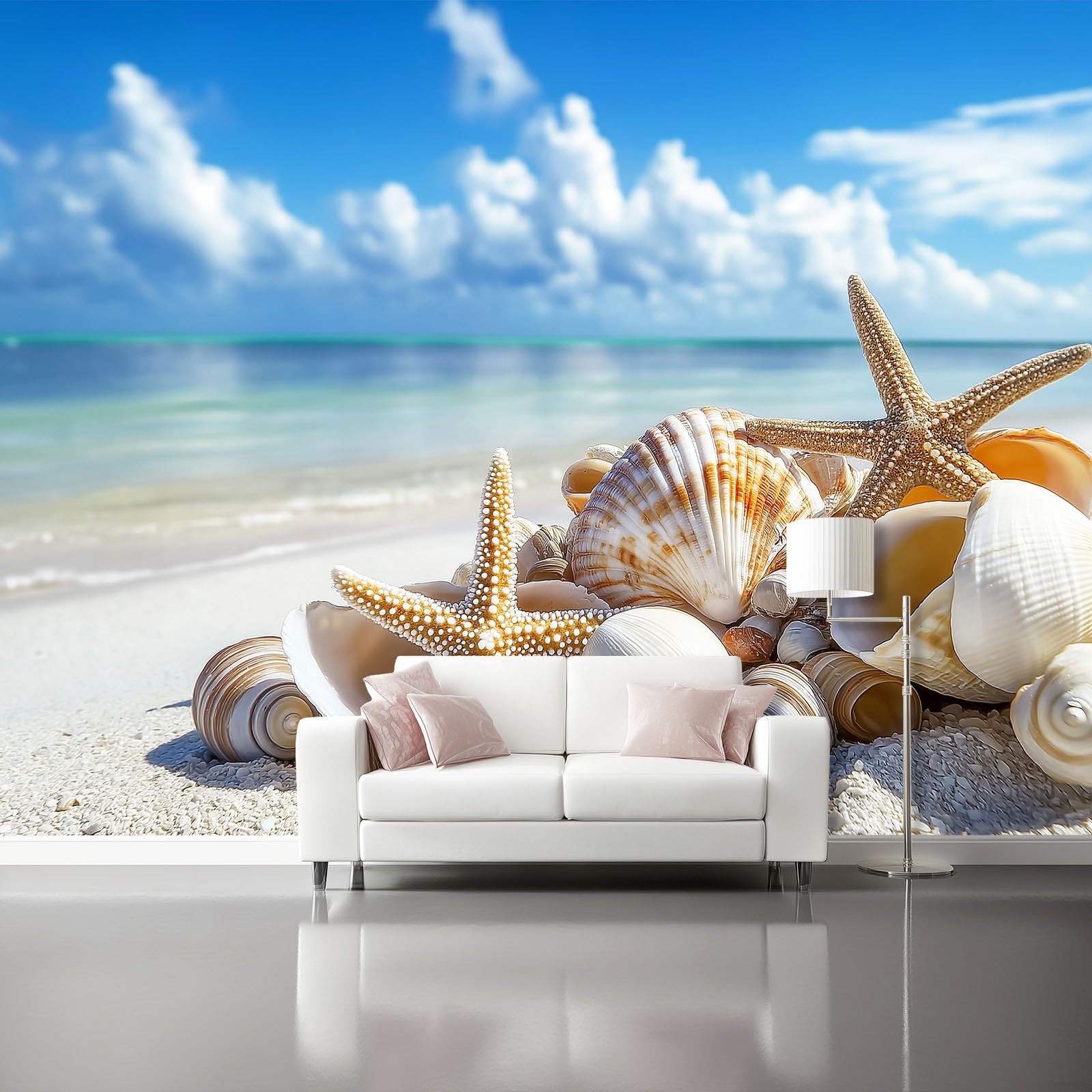 Tropical Landscape Wall Mural Photo Wallpaper, Premium 260g/㎡ Non-Woven Shells Starfish Mural Wallpaper for Living Room Bedroom Office, Sea Sky Large Wall Art Poster (Non-Adhesive) 300 x 210 cm