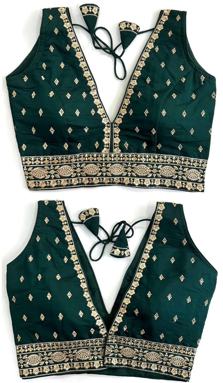 Women's Silk Deep V Cut Neck Embroidery Work with Handwork Sleeveless Readymade Blouse (38" Stitched and Upto 42" Margin)