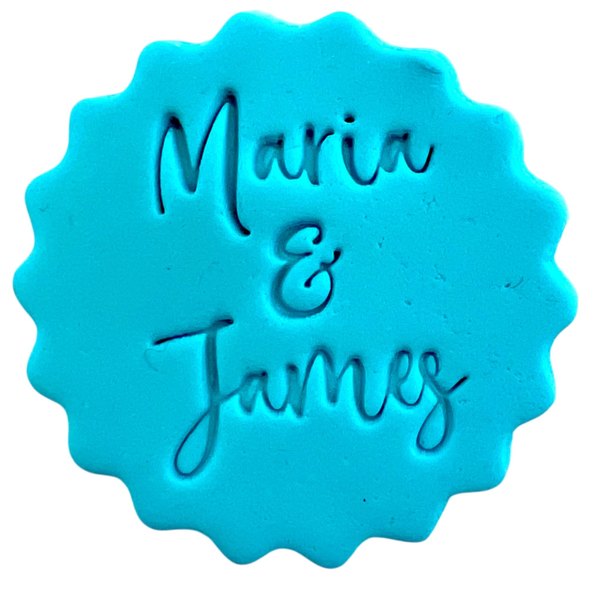 Personalised Cookie Stamp with Free Scallop Cutter, Wedding Couple Names 2, 5cm Acrylic Biscuit Embosser, Food-Safe Plastic Baking Tool, Fits M&S All Butter Biscuits (Design 7)