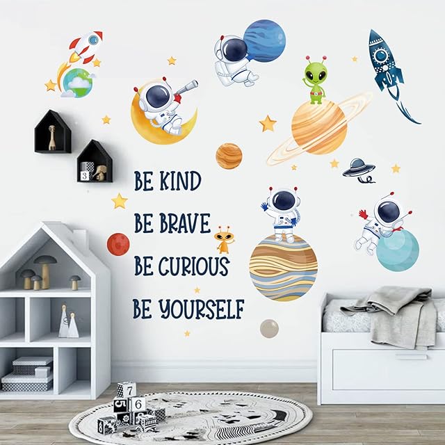 wondever Planets Outer Space Wall Stickers Be Kind Be Brave Inspirational Quote Astronaut Peel and Stick Wall Art Decals for Baby Nursery Kids Bedroom Playroom