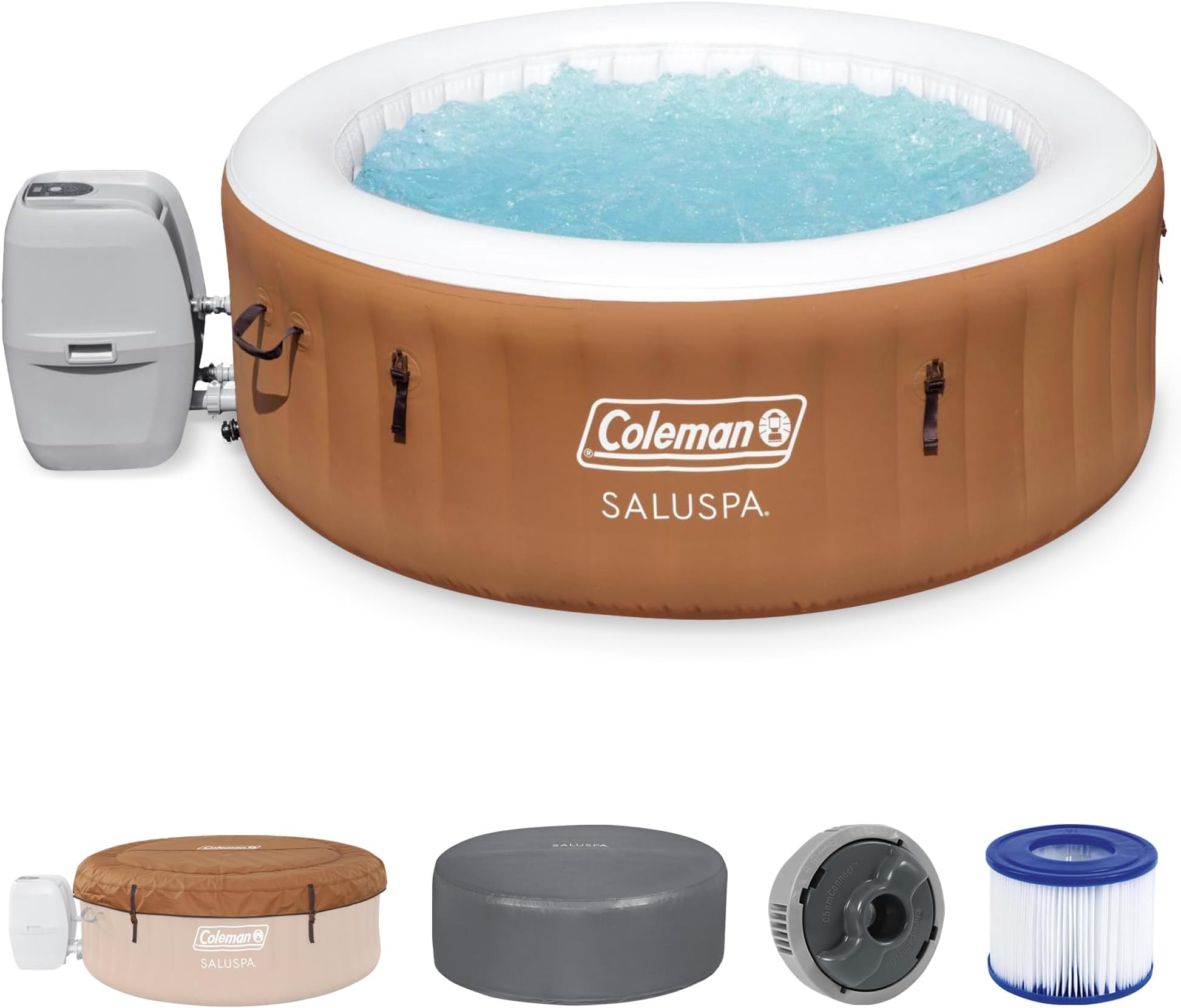 Coleman Ponderosa AirJet Inflatable Hot Tub, 2 to 4 Person Round Portable Outdoor Spa with 120 Air Jets and EnergySense Insulated Cover, 71" x 26"