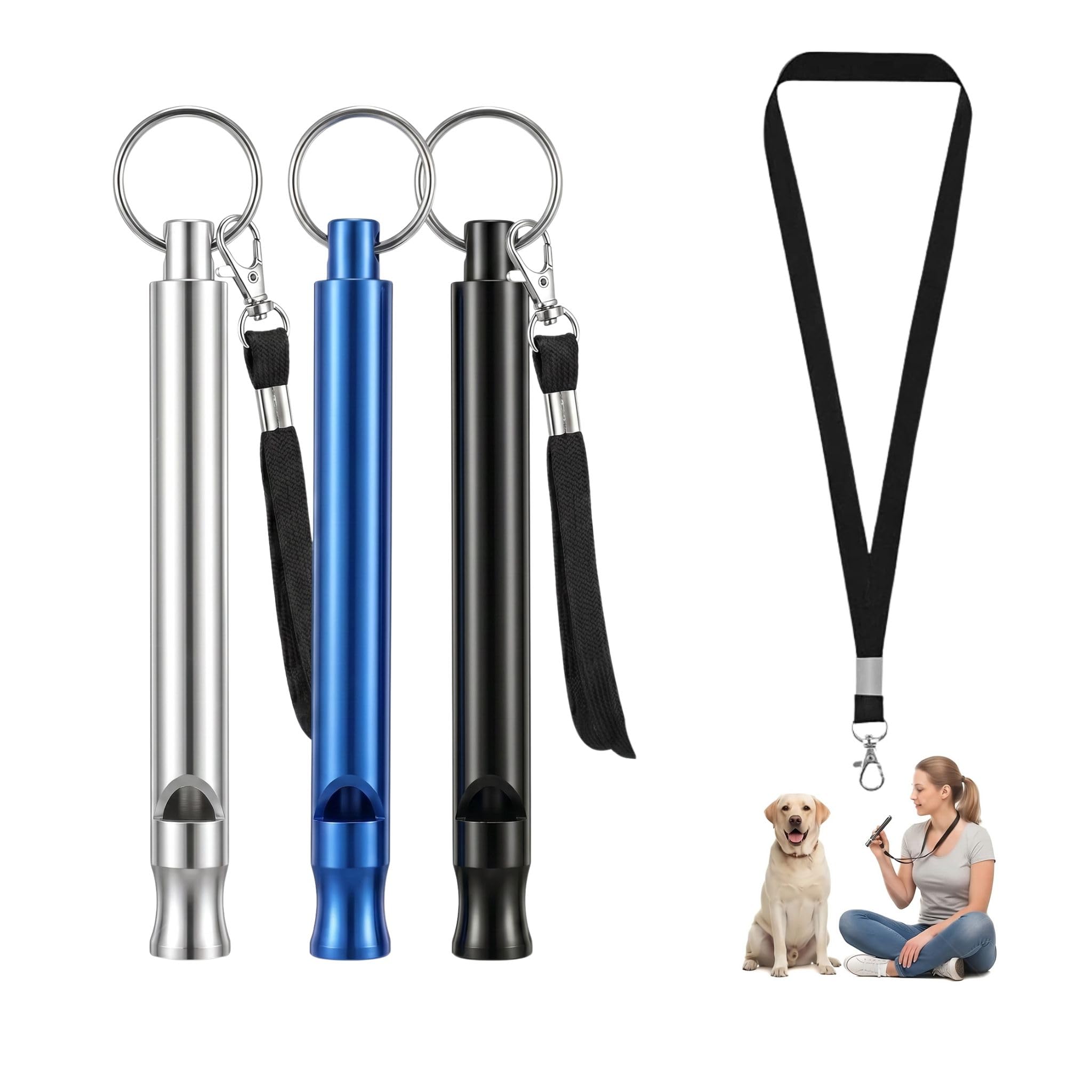 Valicaer 3 Pack Slender Aluminum Alloy Dog Whistles for Recall, Dog Training Whistle with 3 Black Lanyards (1.5 * 45cm), Silver+Blue+Black Whistles, Frequency Standardised