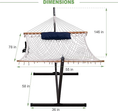 Miniatura 7 de Lazy Daze Hammocks Hamaca de doble cuerda con soporte incluido, cuerda de algodón tradicional de 12 pies con almohada para exterior, patio trasero,