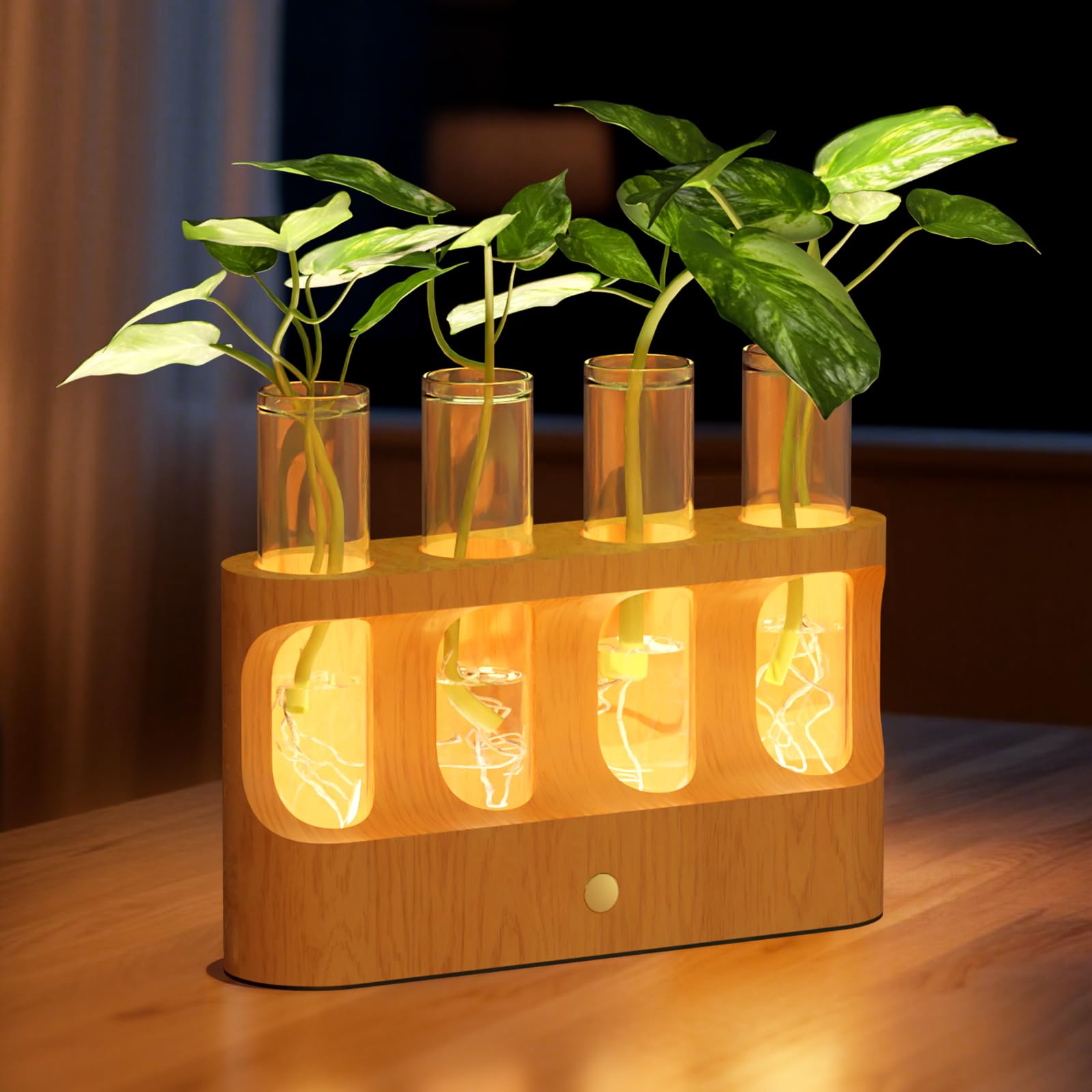 Lightalent Wiederaufladbare Pflanzenzuchtstation mit stufenlosem LED-Licht, Holzständer & 4 Anzucht-Reagenzgläsern, Hydrokultur-Pflanzen-Terrarium für Inneneinrichtung, Geschenk für Pflanzenliebhaber