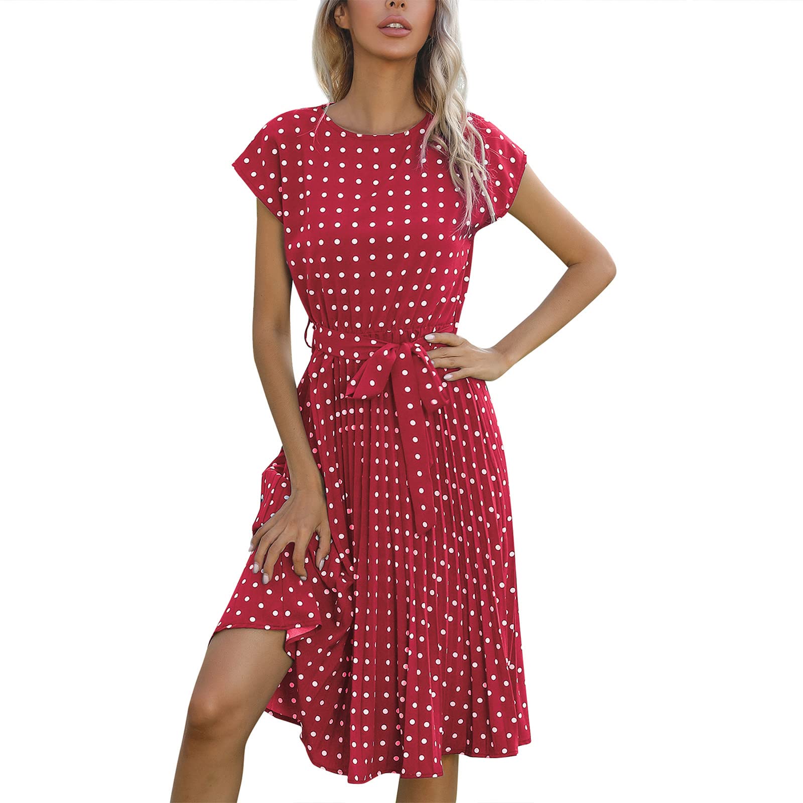 Womens Plus Size Dresses, Ladies Spring Fashion Pleated Tunic Round Neck Printed Short Sleeve Dress