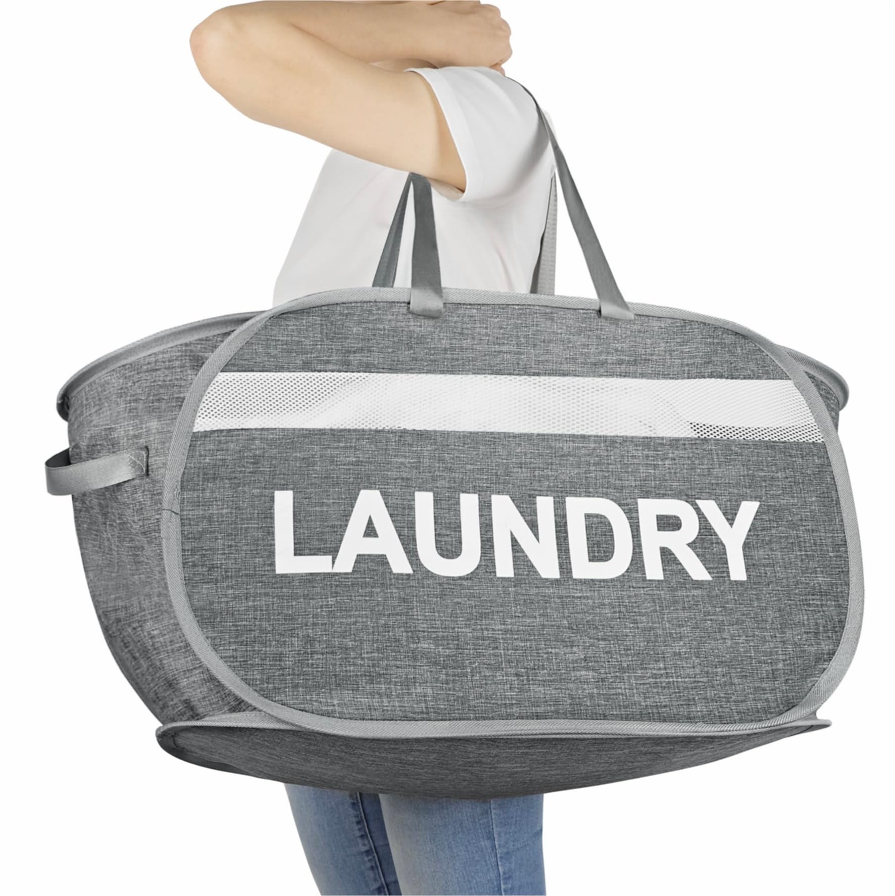 Bosnona Grey 74L "Laundry" Print Large Collapsible Laundry Baskets Pop Up Laundry Hamper With Reinforced Handles Foldable Laundry Hamper For Home Laundry (Grey Laundry)