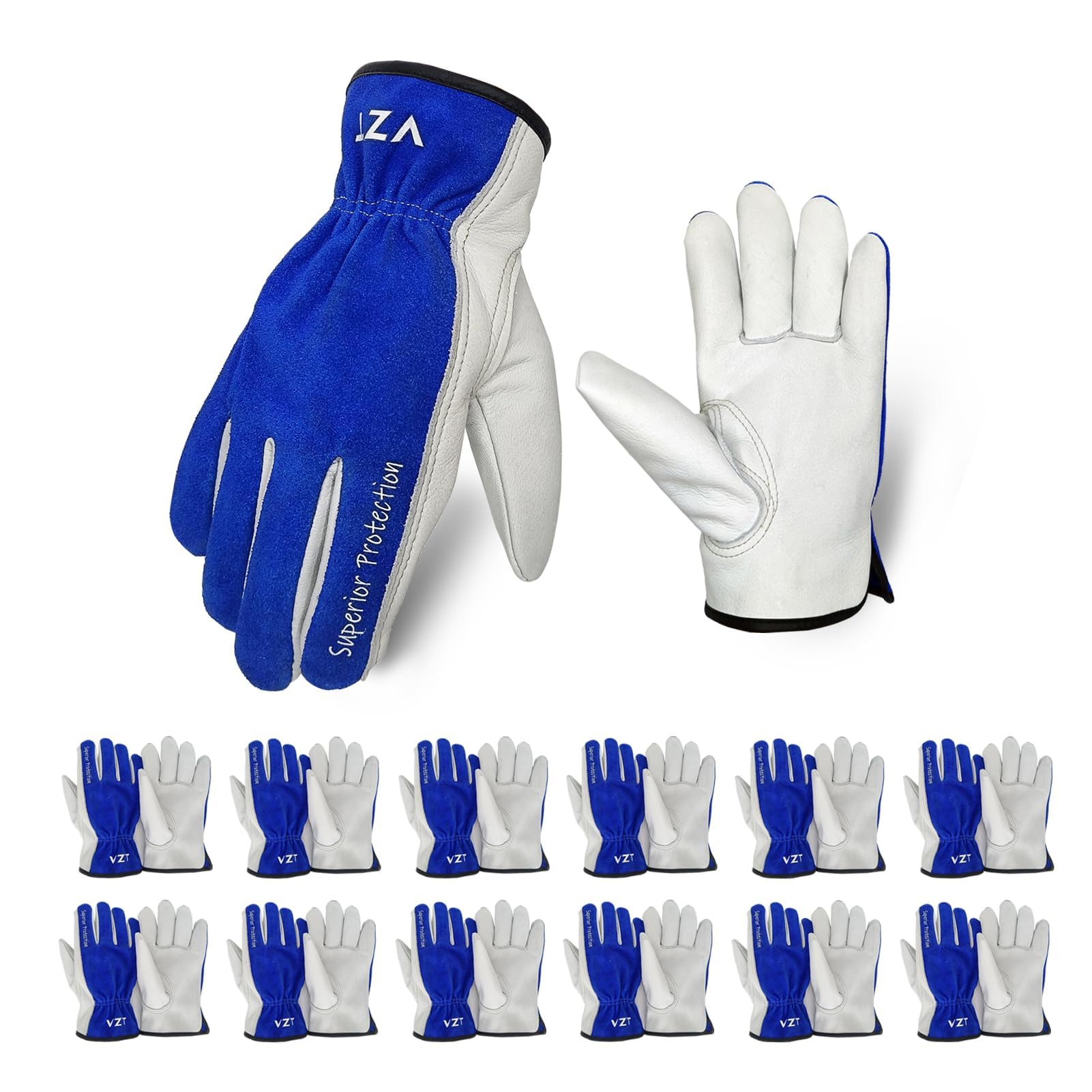 VZT 12 Pairs Bulk Winter Leather Work Gloves for Men or Women for Construction, Wood cutting, Driving, Water Resistant, Keep warm, Soft, Cowhide, Class 4 Abrasion Resistant, Blue-White, XXL