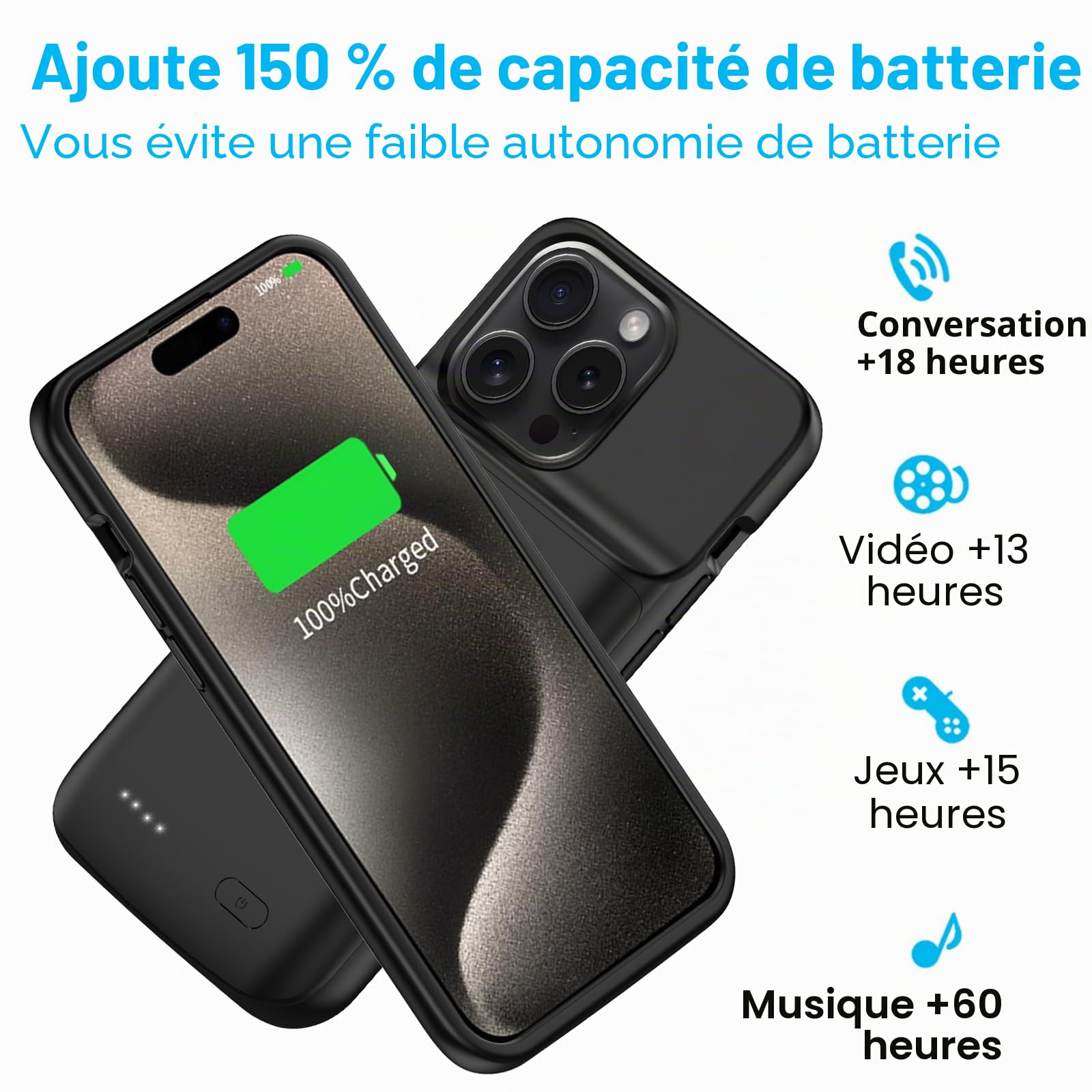 Coque batterie pour iPhone 15 Pro Max, 13 800 mAh rechargeable, coque de charge étendue, compatible avec iPhone 15 Pro Max (batterie de secours de 6,7", noir)