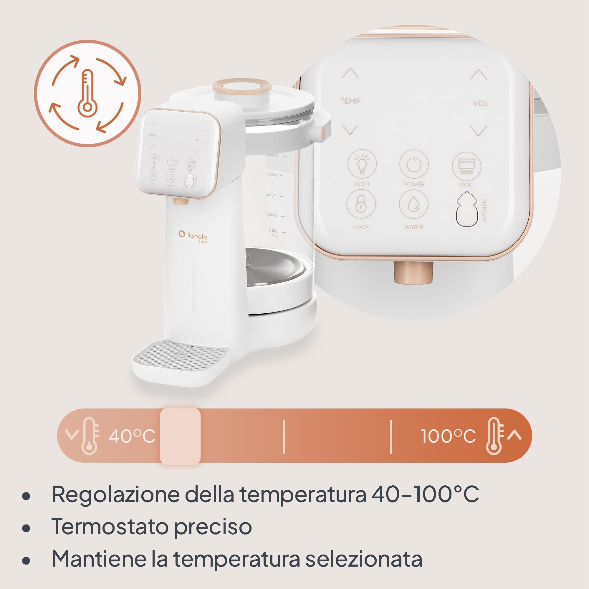 Lionelo BABYPRESTO 2.0 Preparatore Istantaneo di Latte in polvere con Temperatura Regolabile 40-100°C, Dosaggio Automatico 30-300 ml, Formula Scaldabiberon, Dispenser Acqua 3L, Declorazione, Igiene UV