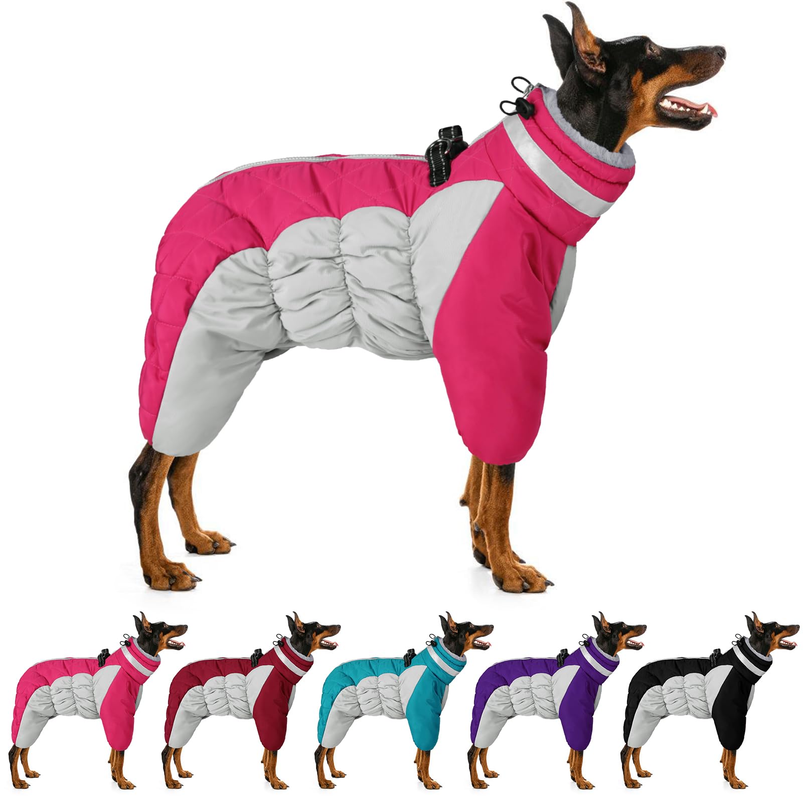 MIGOHI Full Body Dog Coat, Reflective Warm Dog Winter Coat with Harness, Turtleneck Fleece Dog Jacket for Small Medium Large Dogs, Four-Legged Windproof Waterproof Dog Snowsuit with Zipper