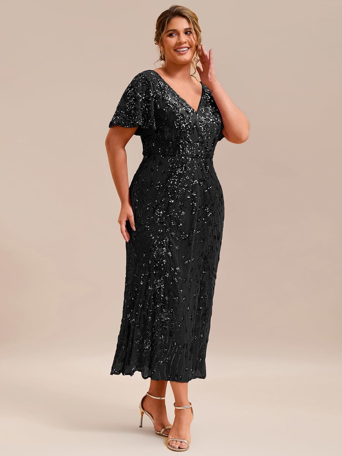 Ever-Pretty Plus Women's Sequin V Neck Plus Size Prom Dress Mermaid Formal Cocktail Evening Dresses for Curvy Women - Image 3