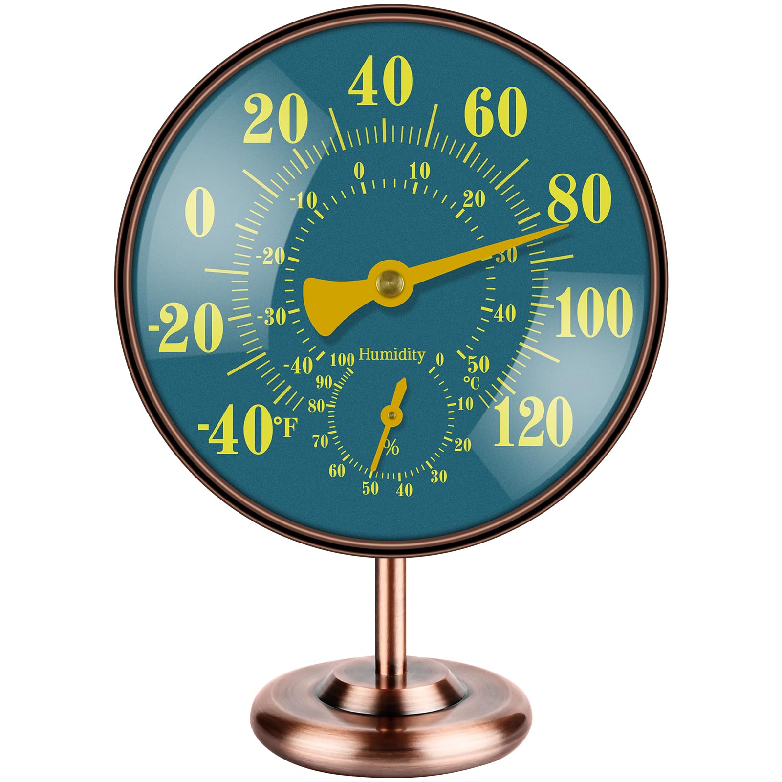 Termómetro para exteriores de 4 pulgadas y medidor de humedad, termómetro analógico de latón con esfera grande azul y verde, Fahrenheit/Celsius, impermeable para patio, jardín, pared interior o