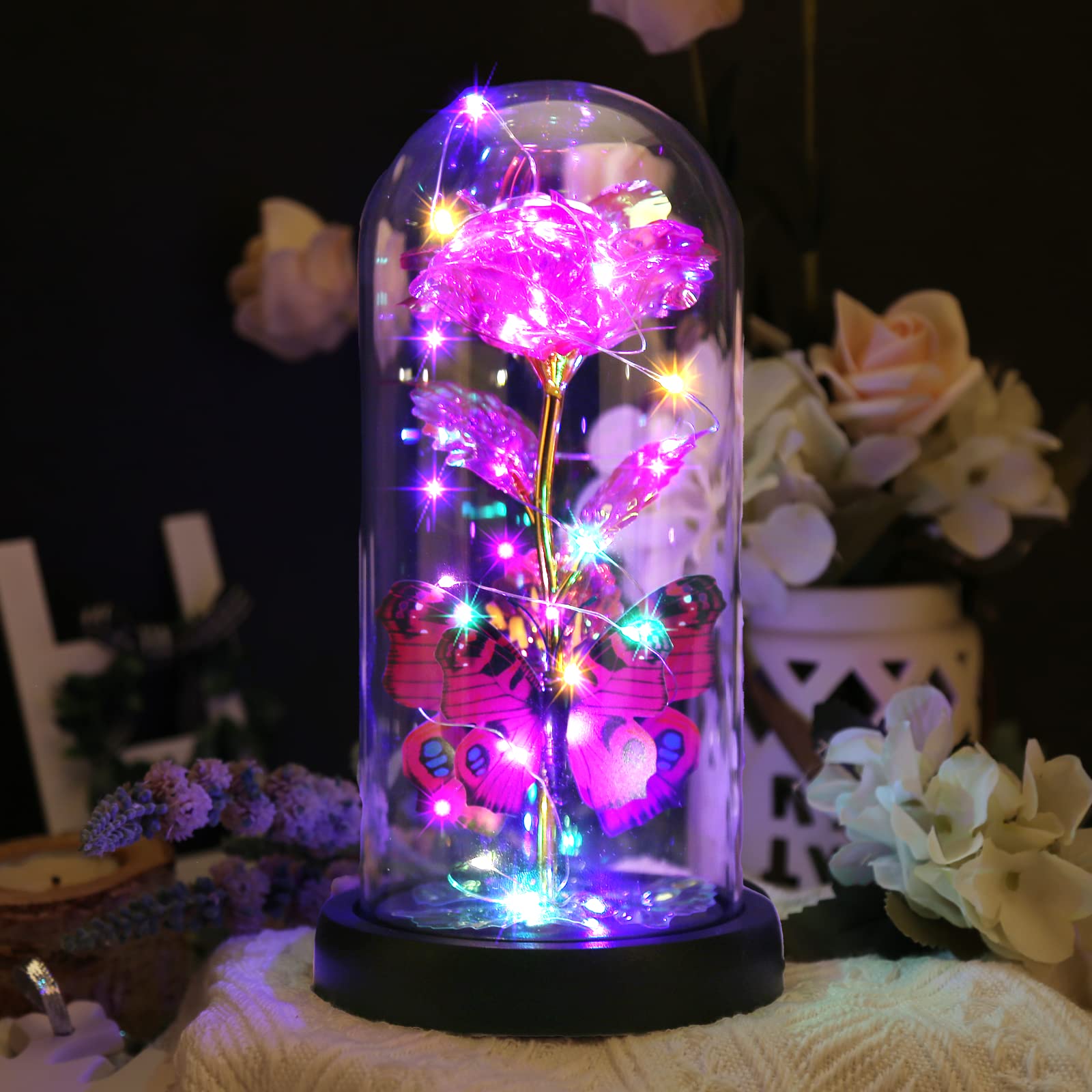 Rose Galaxie Lumineuse La Belle et la Bête avec Papillon dans Un dôme en Verre, Cadeau d'anniversaire Unique pour Petite Amie (Rose)