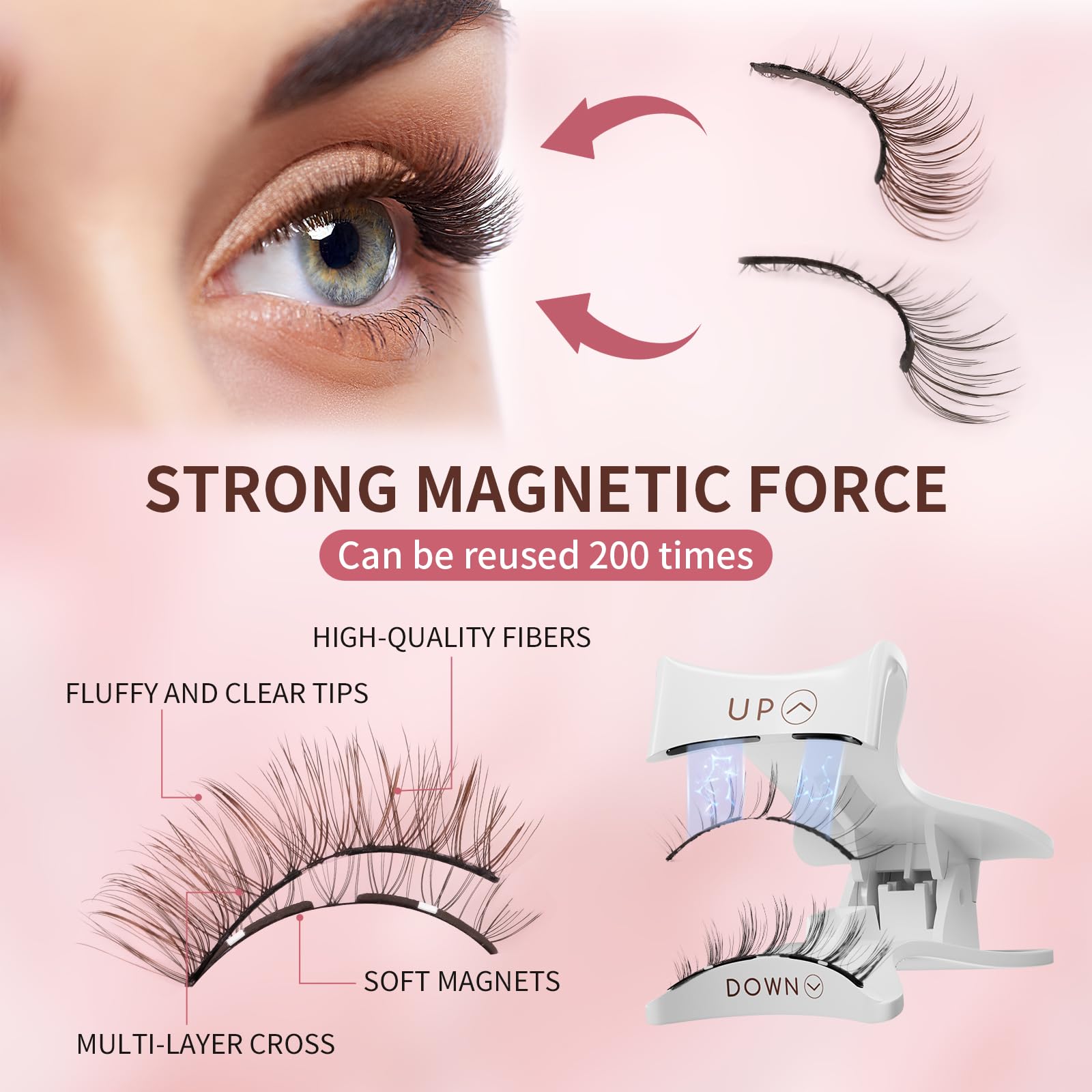 Pestañas magnéticas, pestañas magnéticas dobles reutilizables sin delineador de ojos, pestañas magnéticas de aspecto natural con aplicador, pestañas postizas con imanes suaves, sin pegamento y sin 3