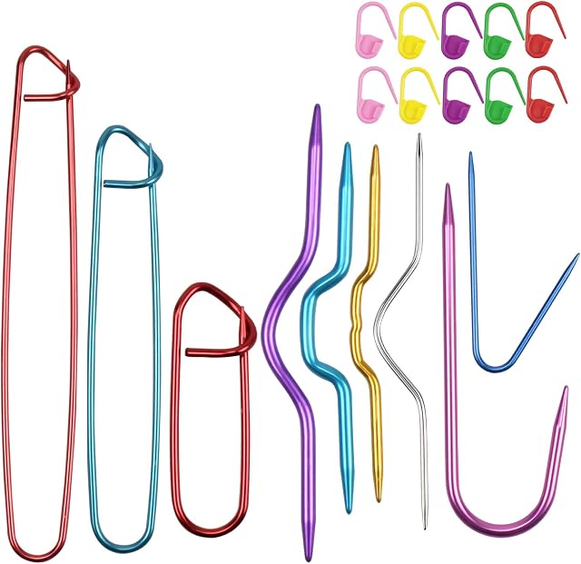 Bezavea 19pcs Stitch Holder Set, 9 Size Assorted Color Aluminum Knitting Stitch Holders, with 10pcs Knitting Markers, for DIY Knitting Notions Crochet Needle Hooks Craft