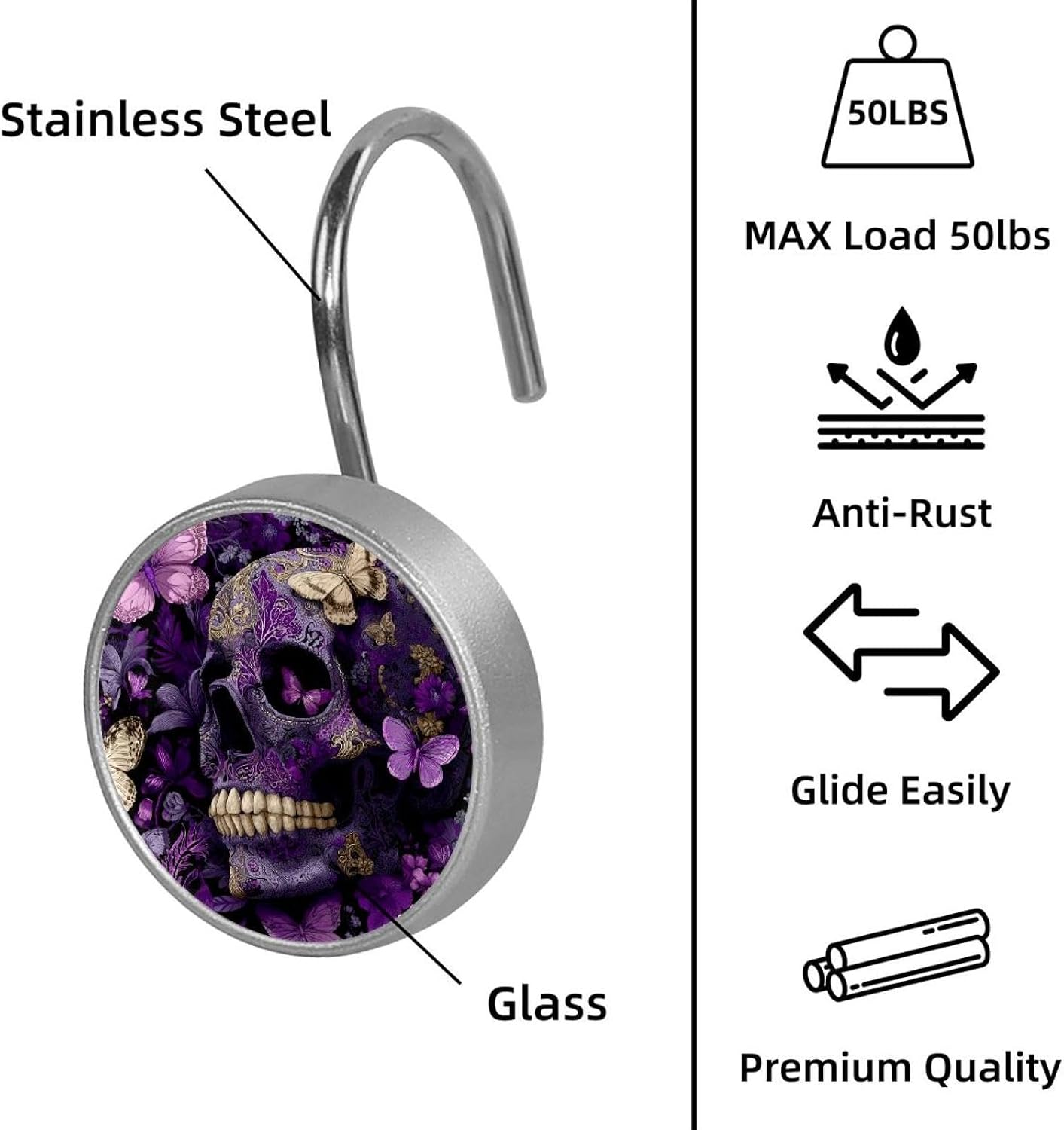 Set of 12 Skull Purple Butterflies Shower Curtain Hooks, Stainless Steel Shower Hangers for Bathroom, Rustproof Decorative Shower Rings for Bedroom Living Room Shower Curtain Rod
