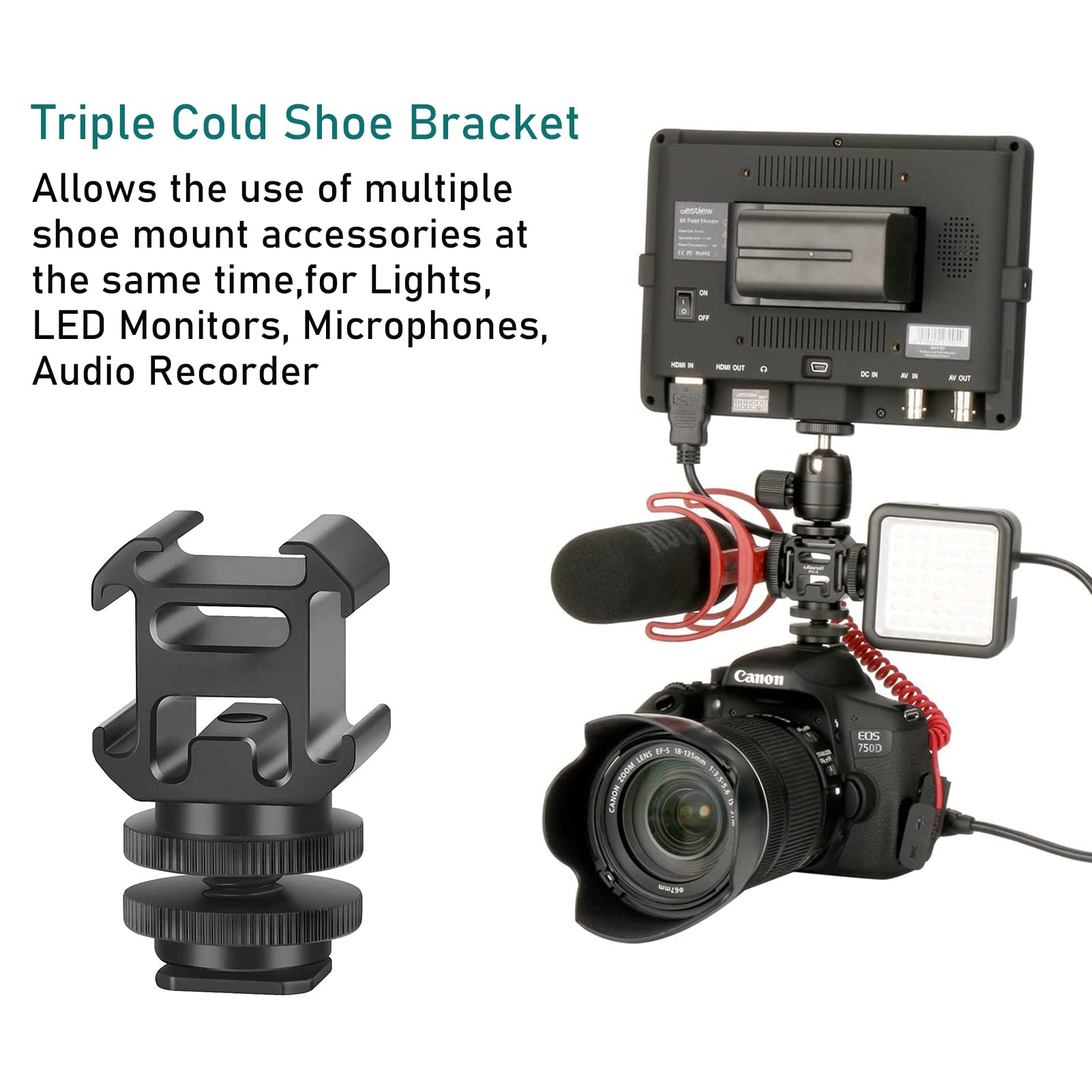 Square Aluminium Camera Three Head Hot Shoe Seat Bracket D-SLR Camera