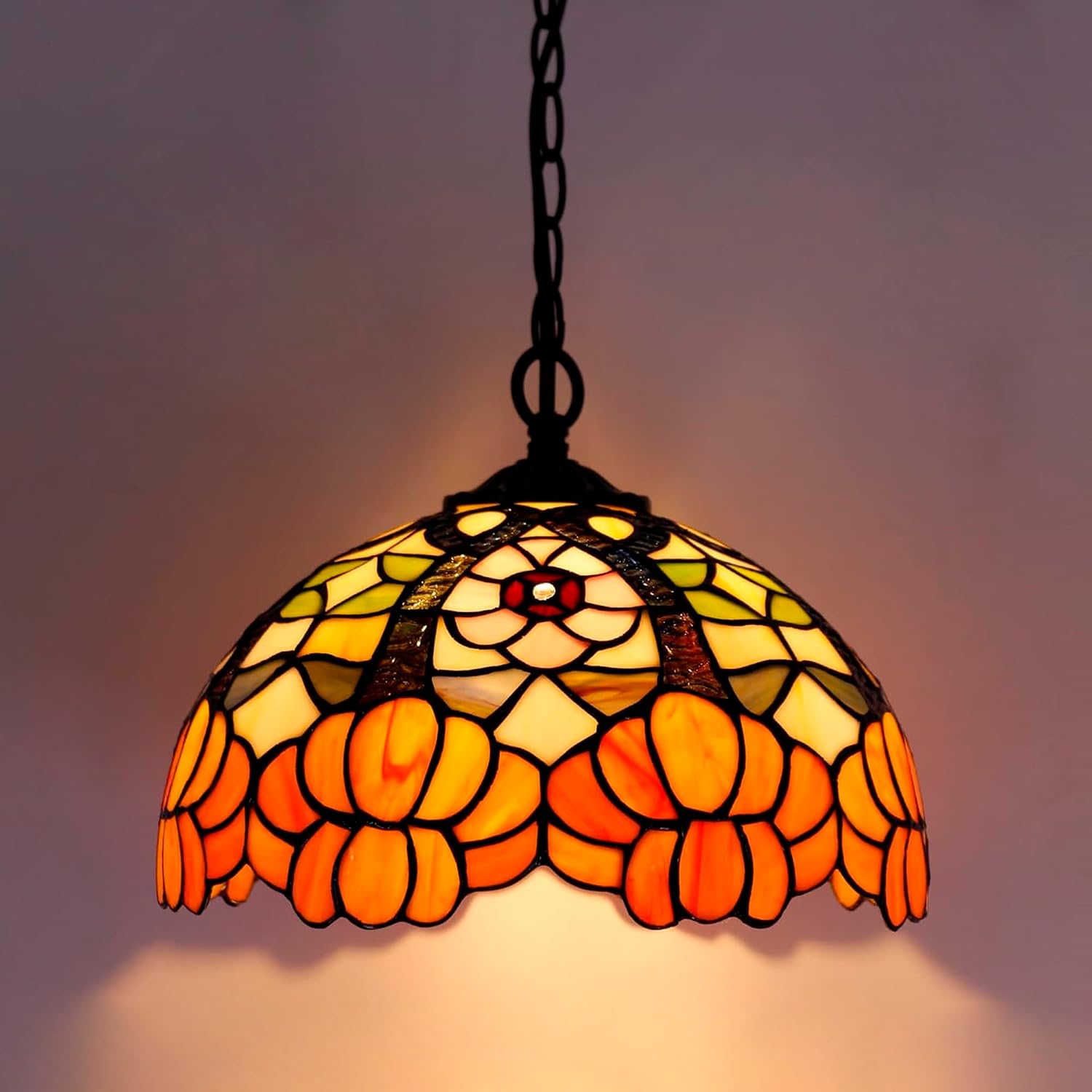 Tiffany Pendant Light Plug in 12 Inch Orange Flower Stained Glass Hanging Lamp with Chain 33 Inch, Cord 15 Feet