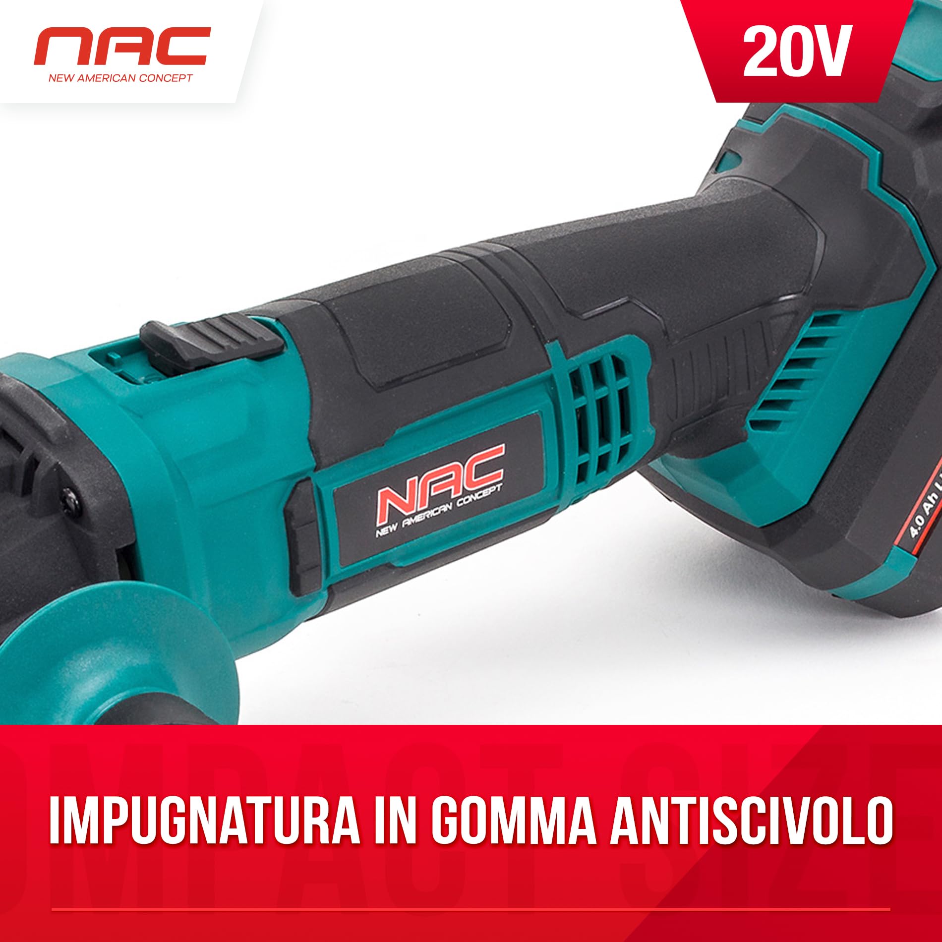 NAC NEW AMERICAN CONCEPT NAC, akumulatorowa szlifierka kątowa 20 V, akumulator 4 Ah, litowo-jonowy, tarcze 125 mm, prędkość obrotowa 10 000, osłona szyby, zielona