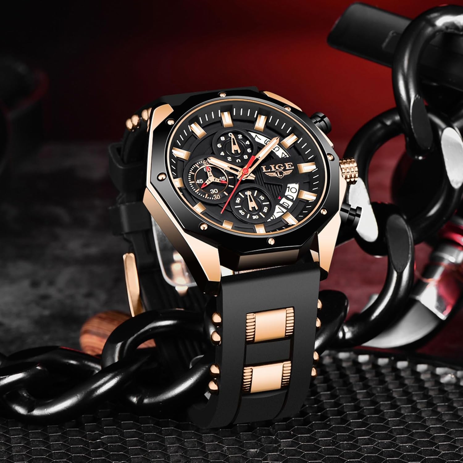 LIGE Men's Wrist Watches Analog Dress Waterproof Work Casual Unique Vintage Chronograph Quartz 3ATM Water Resistant Silicone Strap Luminous Date Elegance Daily Chronograph Watch - Image 7