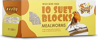Suet Shop - Mealworm Suet Blocks for Wild Birds, 300g (Pack of 10) - Enriched with Human Grade Beef Tallow, High in Energy & Protein - All-Season Bird Feed - Manufactured In The UK