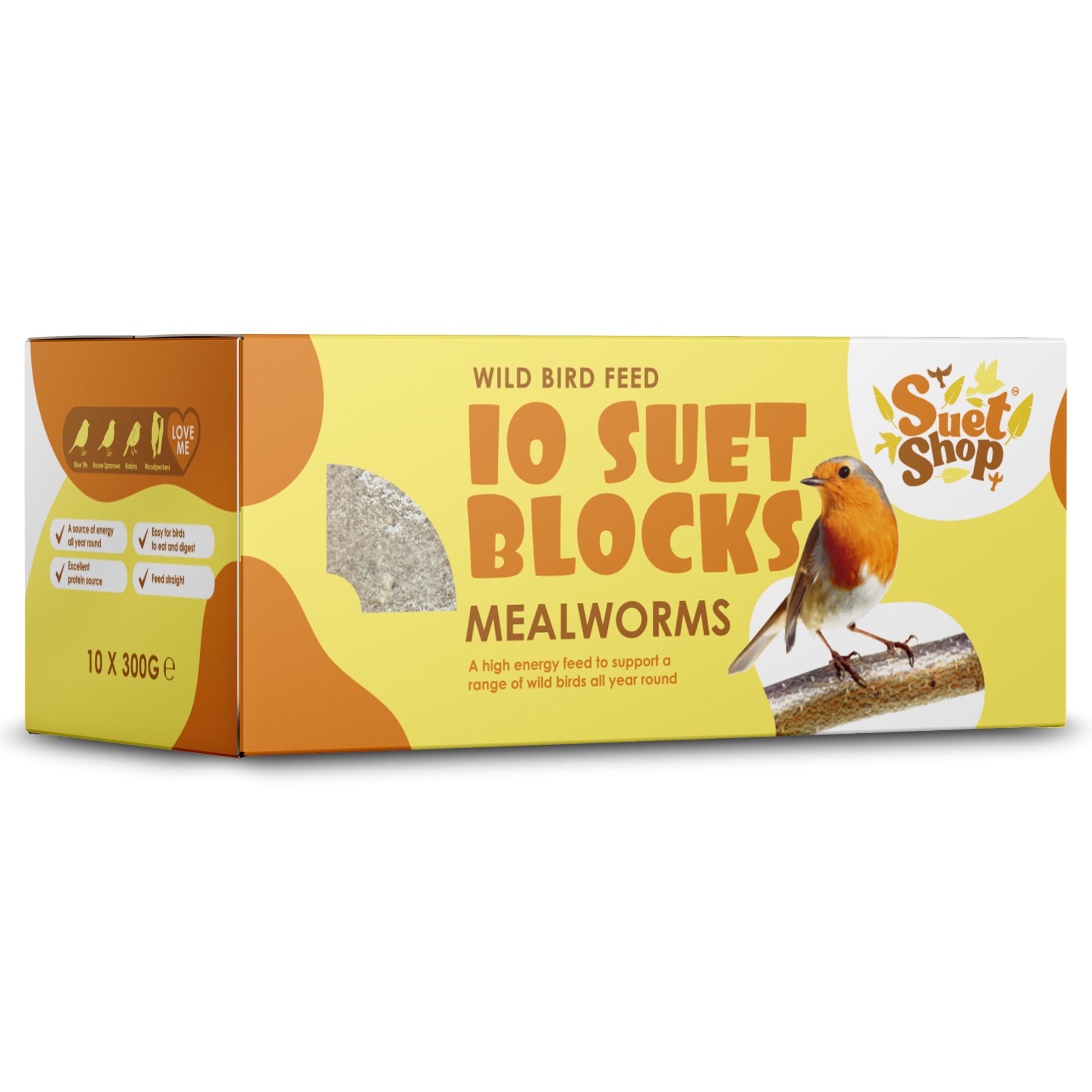 Suet Shop - Mealworm Suet Blocks for Wild Birds, 300g (Pack of 10) - Enriched with Human Grade Beef Tallow, High in Energy & Protein - All-Season Bird Feed - Manufactured In The UK