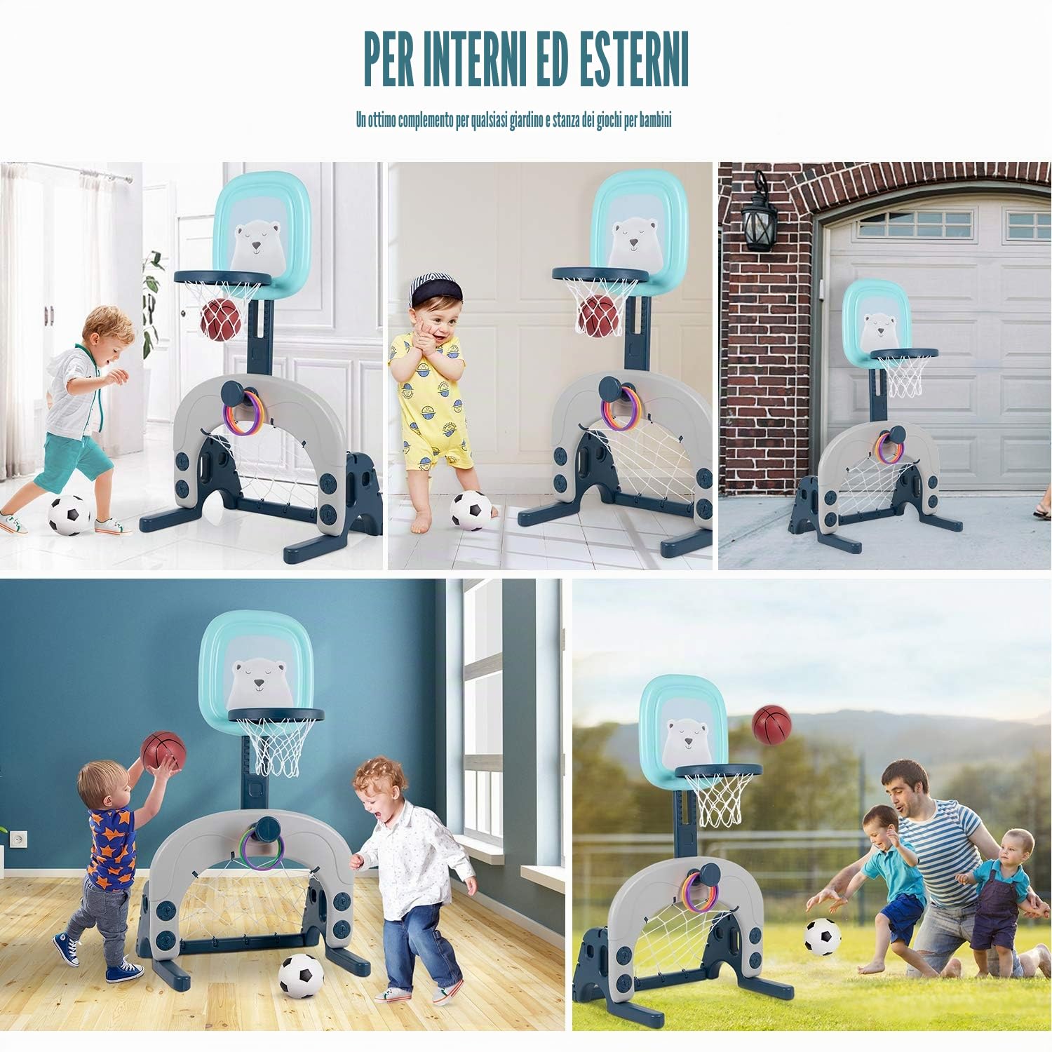 Set di canestro da basket 3 in 1 per bambini, con supporto per centro attività sportive, regolabile, facile punteggio, canestro da basket, porta da calcio/lancio dell'anello, miglior regalo per
