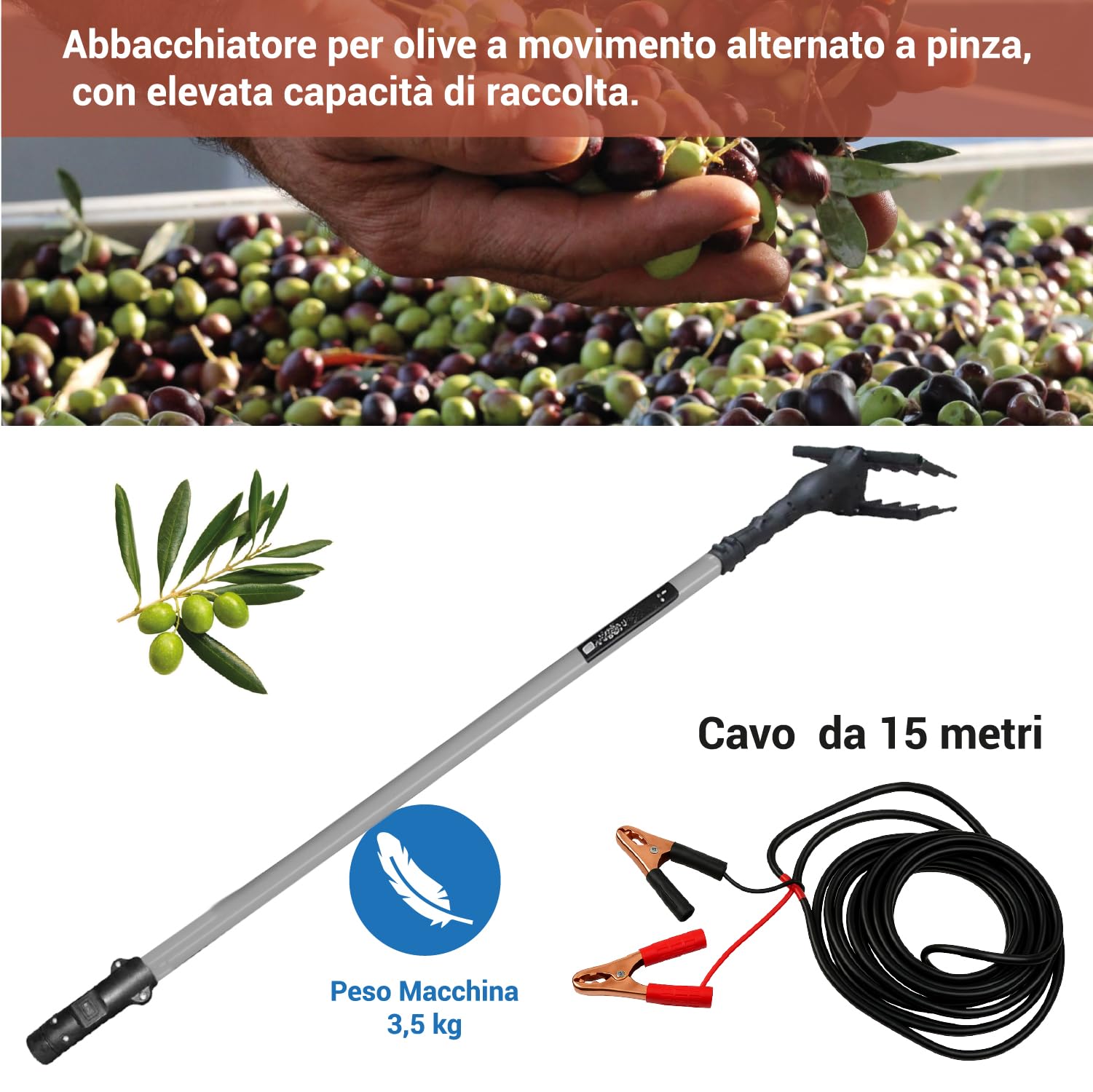 Crisalide Vareador eléctrico para aceitunas de 140 W con barra telescópica de aluminio de 210 – 295 cm, cable de 15 m, motor de 12 V, recogida de 80 kg/h, recoge aceitunas profesional, peines de