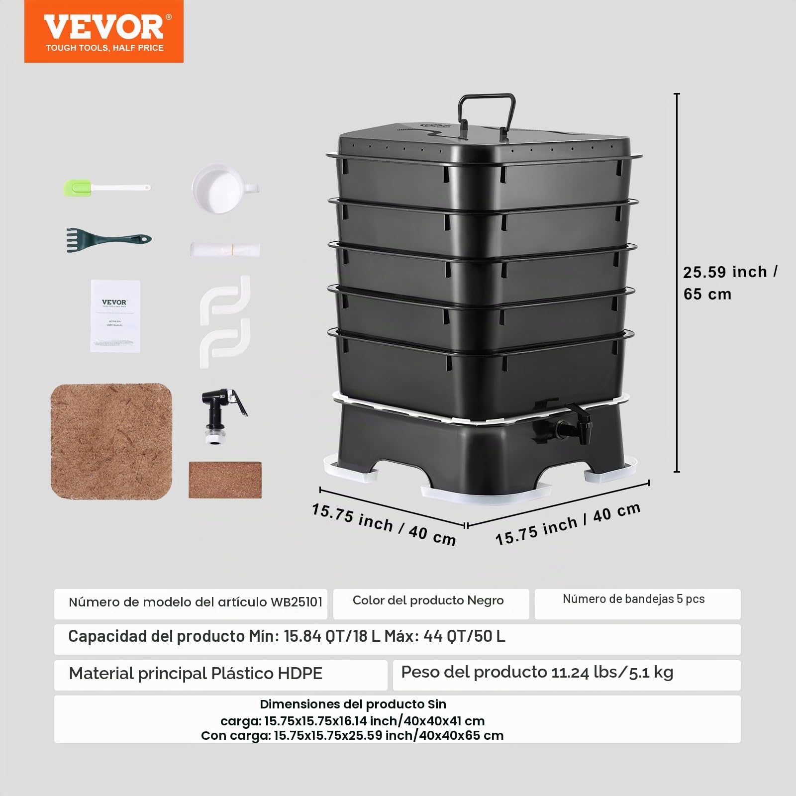 VEVOR Compostador de Lombrices 50 L con 5 Bandejas Compostador de Jardín Contenedor de Abono de Lombrices para Reciclaje de Residuos de Alimentos Excrementos de Lombrices Té de Lombrices Lombricultura