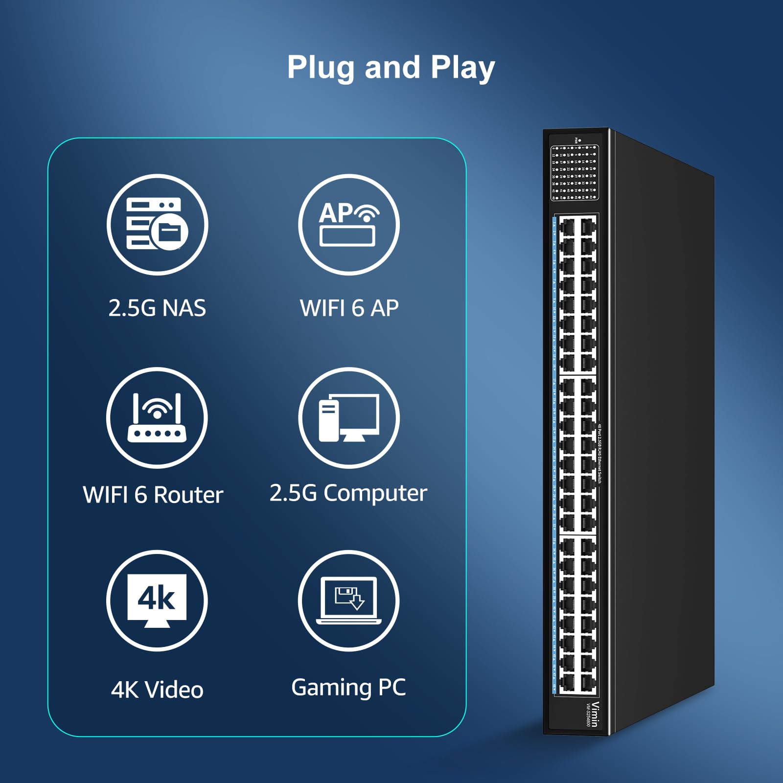 VIMIN Switch Non Gestito a 48 Porte 2,5G, Switch Ethernet Base-T a 48 Porte 2,5GB, 2,5Gb Switch di Rete Plug & Play, Compatibile con 10M/100M/1000M/2,5G, capacità 240Gbps, per Nas, AP Wireless e PC