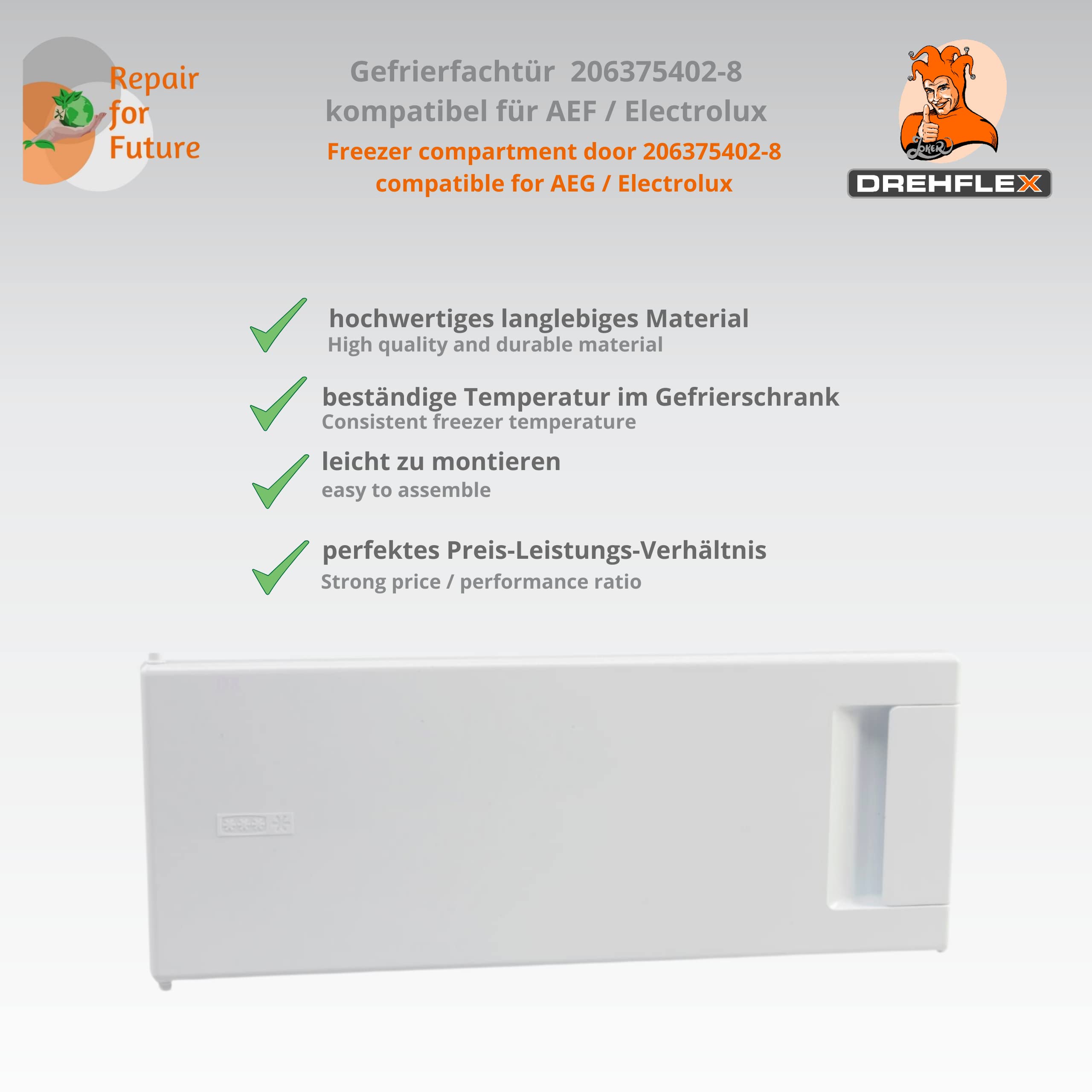 Gefrierfachtür 47,0 x 19,3 cm für AEG/Electrolux Teile-Nr. 206375402-8