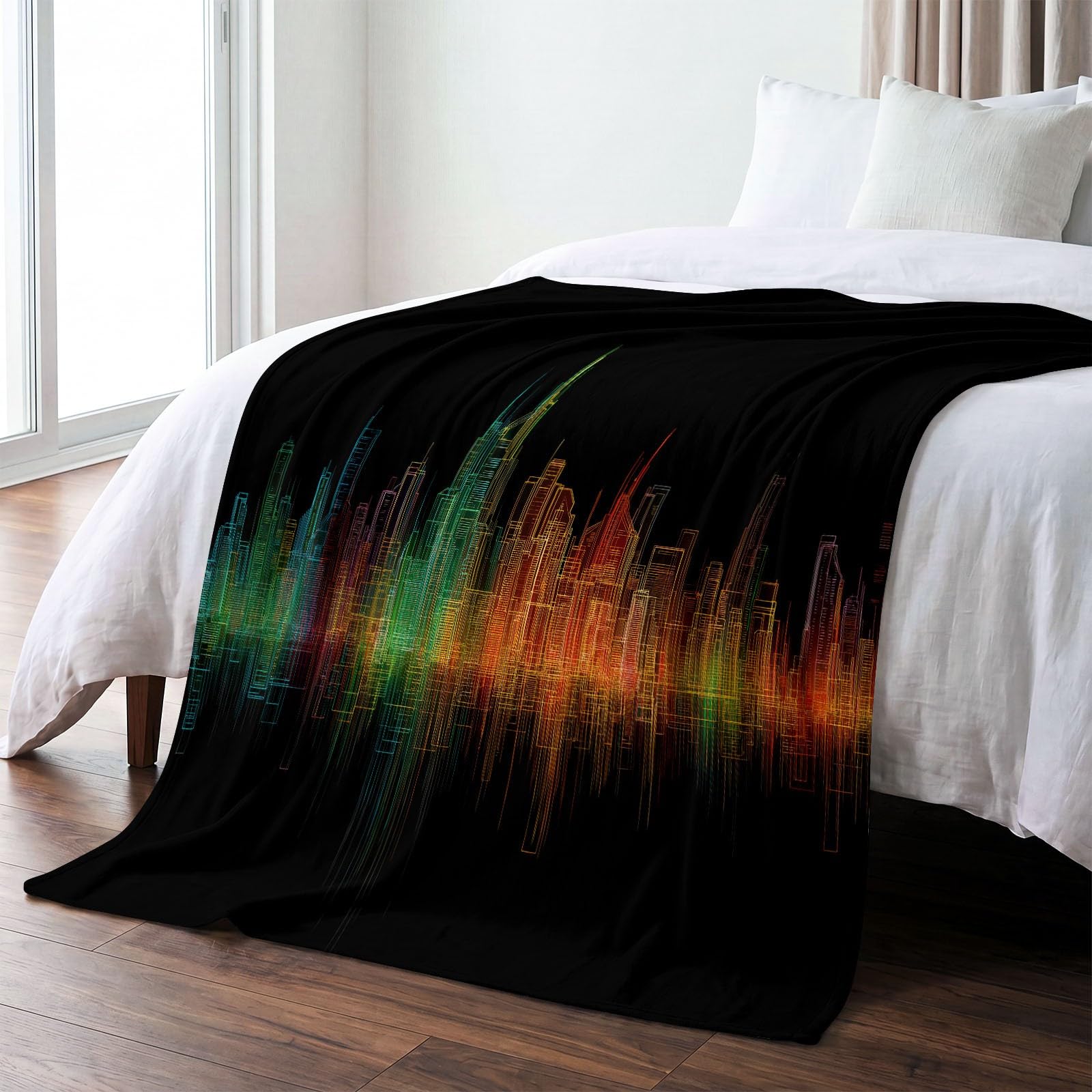 Fajna technologia, przytulny koc, neonowe miasto panorama miasta, 220 x 240 cm, narzuta na sofę, miękki, ciepły koc wełniany i polarowy, narzuta na kanapę
