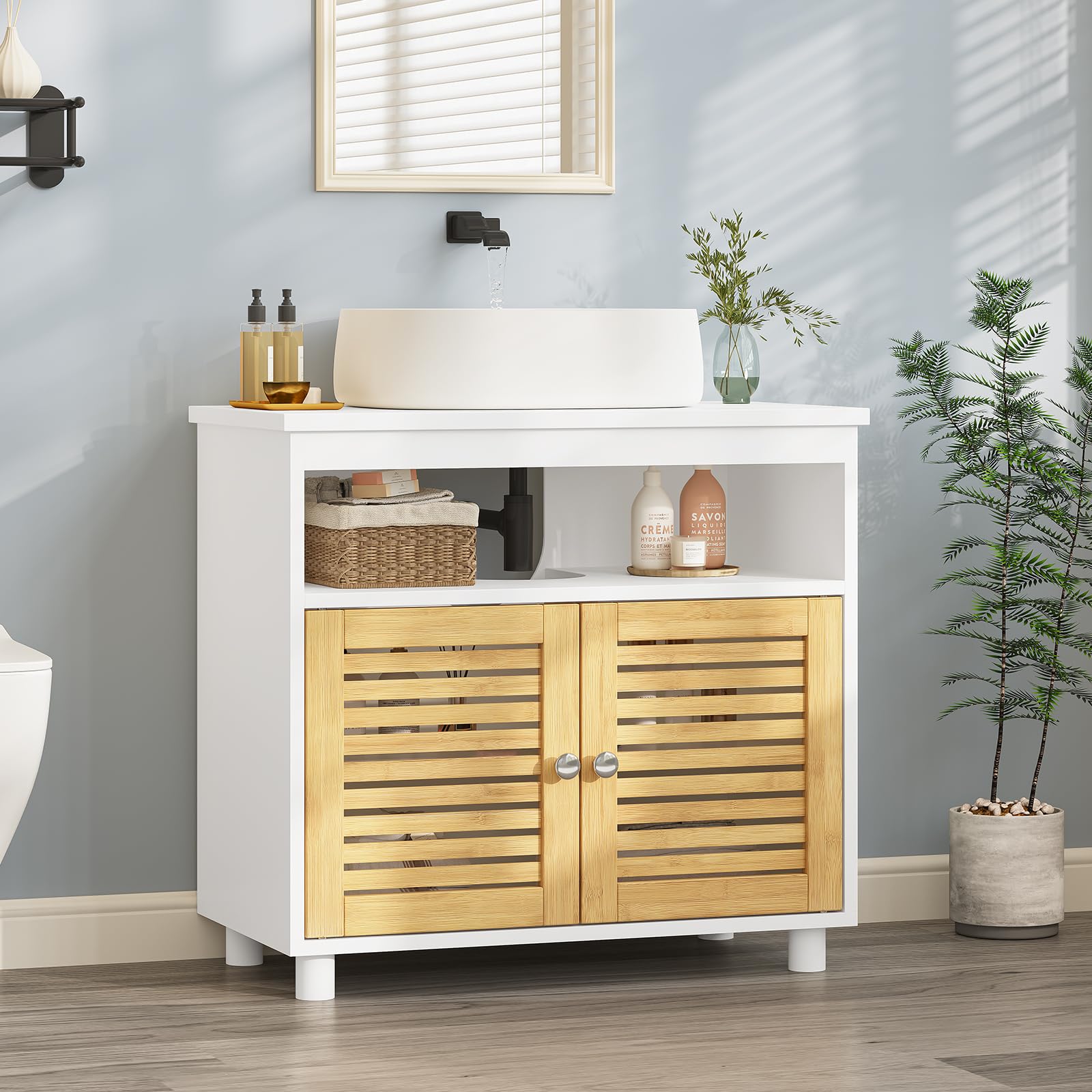 Waschbeckenunterschrank, Badschrank Unterschrank mit Doppeltüren aus Bambus, EIN offenes Fach, Badezimmerschrank, Waschtischunterschrank, 60 x 30 x 60 cm