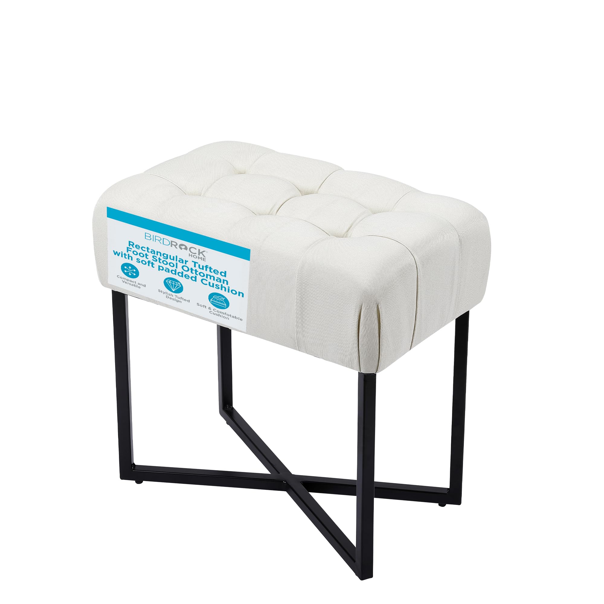 BIRDROCK HOME Rectangular Tufted Foot Stool Ottoman with Soft Padded Cushion - Versatile Vanity Chair for Bedroom, Living Room, Bathroom - Compact