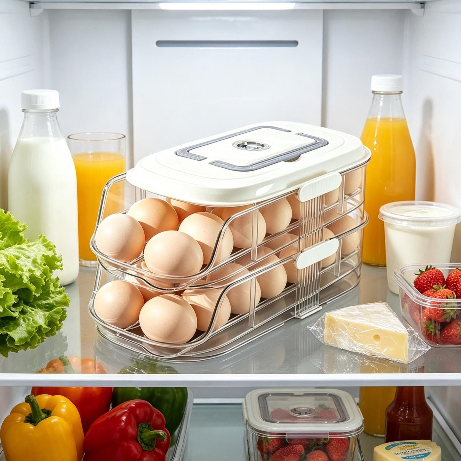 Eier-Organizer für Kühlschrank, 2 Ebenen, stapelbar, mit Kugellager