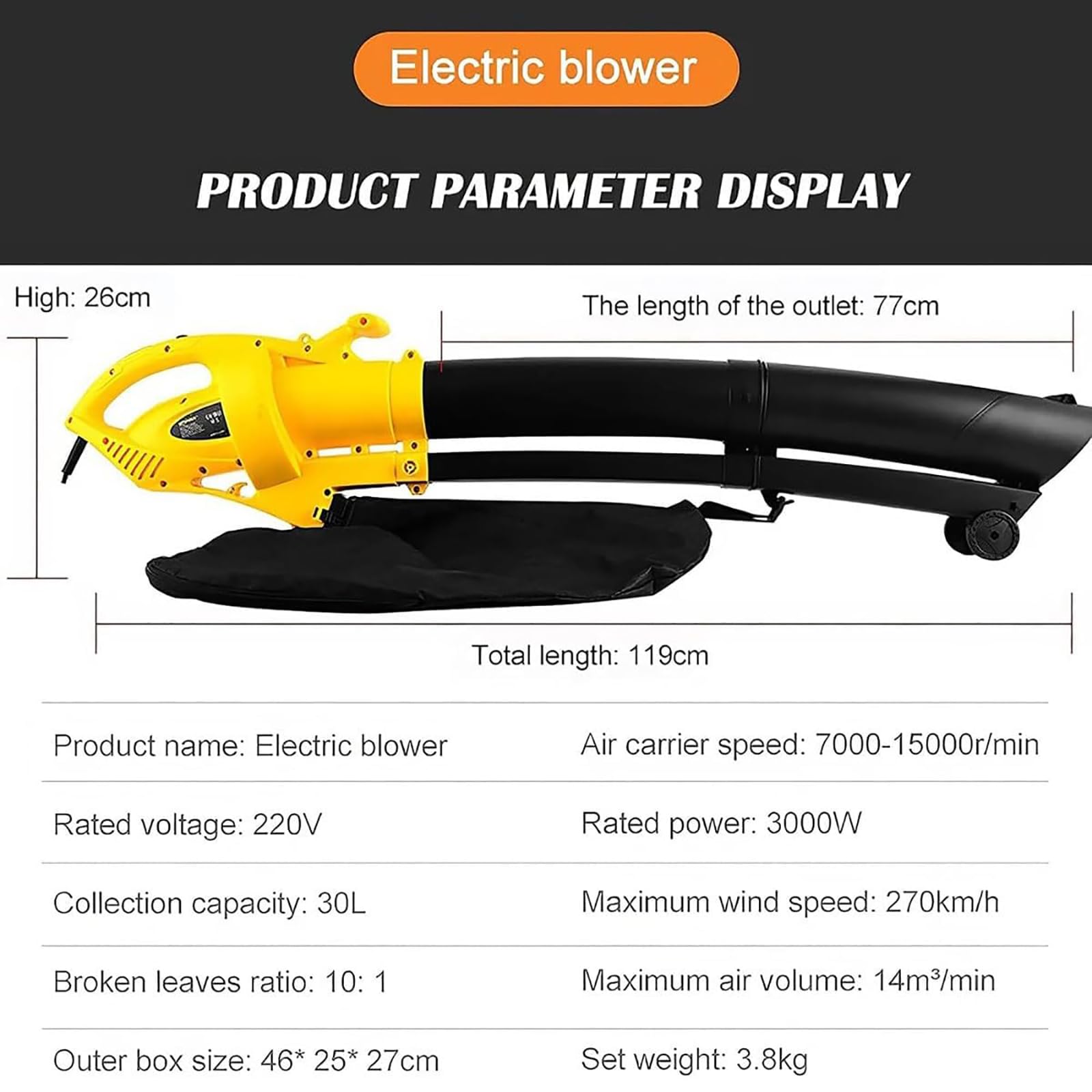 Soplador De Hojas Inalámbrico, Limpiador De Hojas Eléctrico, Soplador De Hojas De Mano Ligero Y Pequeño Con Bolsa Recolectora De Hojas De 35 L, Motor De 3000 W Y Velocidad De 7000-15000 R/min