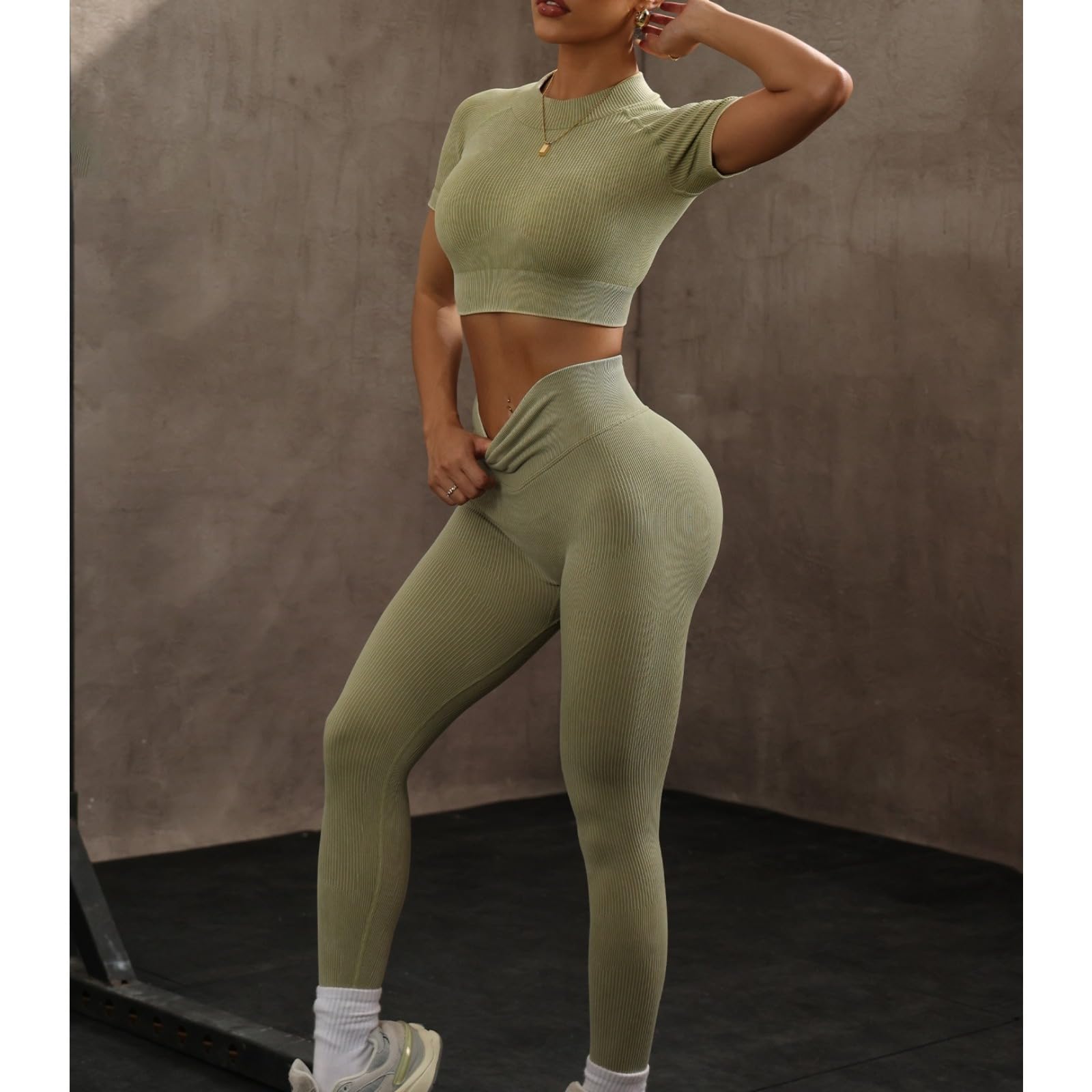 KIRYU Conjunto de ropa deportiva acanalada sin costuras de 2 piezas para mujer, camiseta corta de manga corta y leggings de cintura alta, gimnasio, yoga, entrenamiento