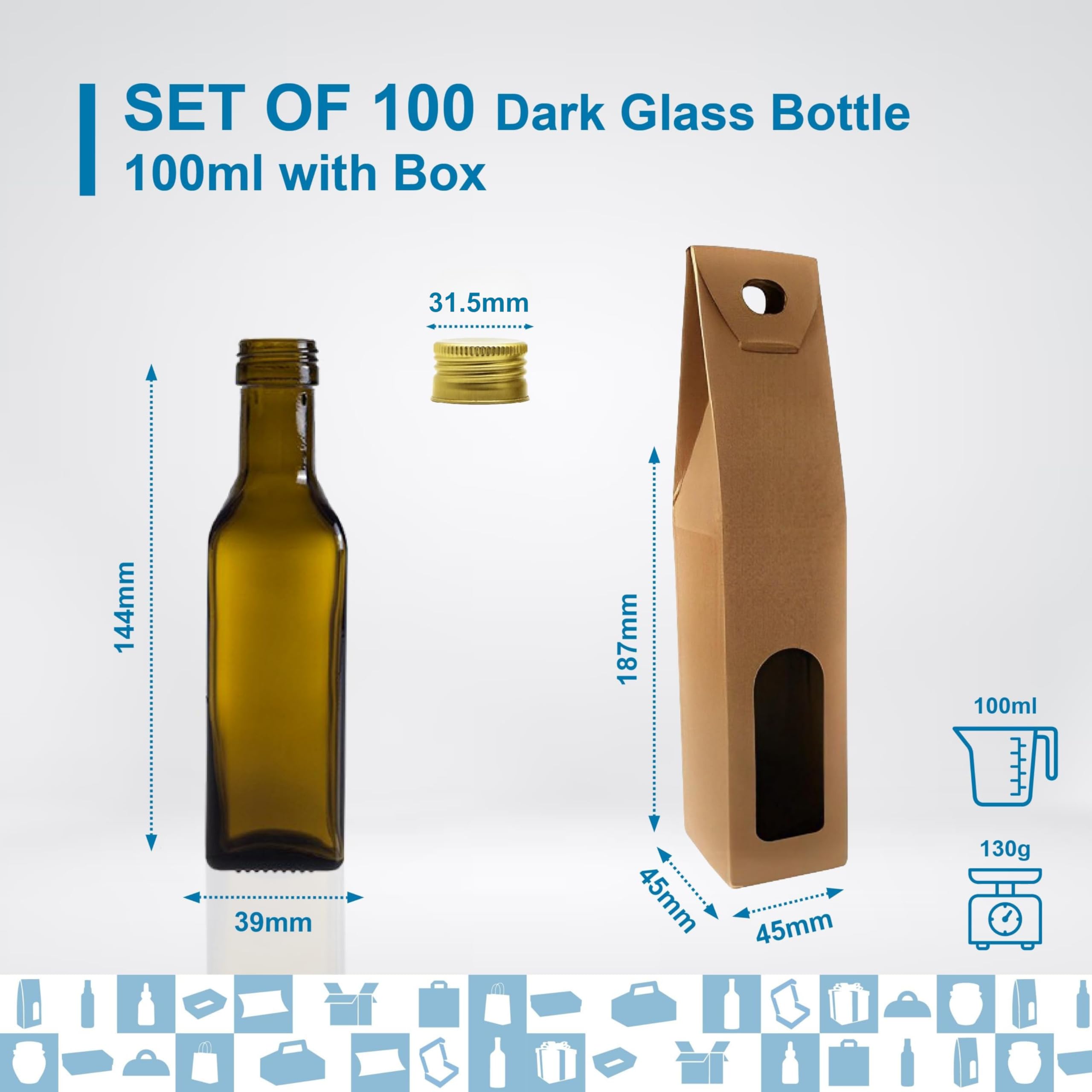 100 mini botellas de cristal oscuro de 100 ml con tapón de rosca dorado + 100 cajas – botellas pequeñas para aceite de oliva, vinagre, alcohol – frasco para muestras